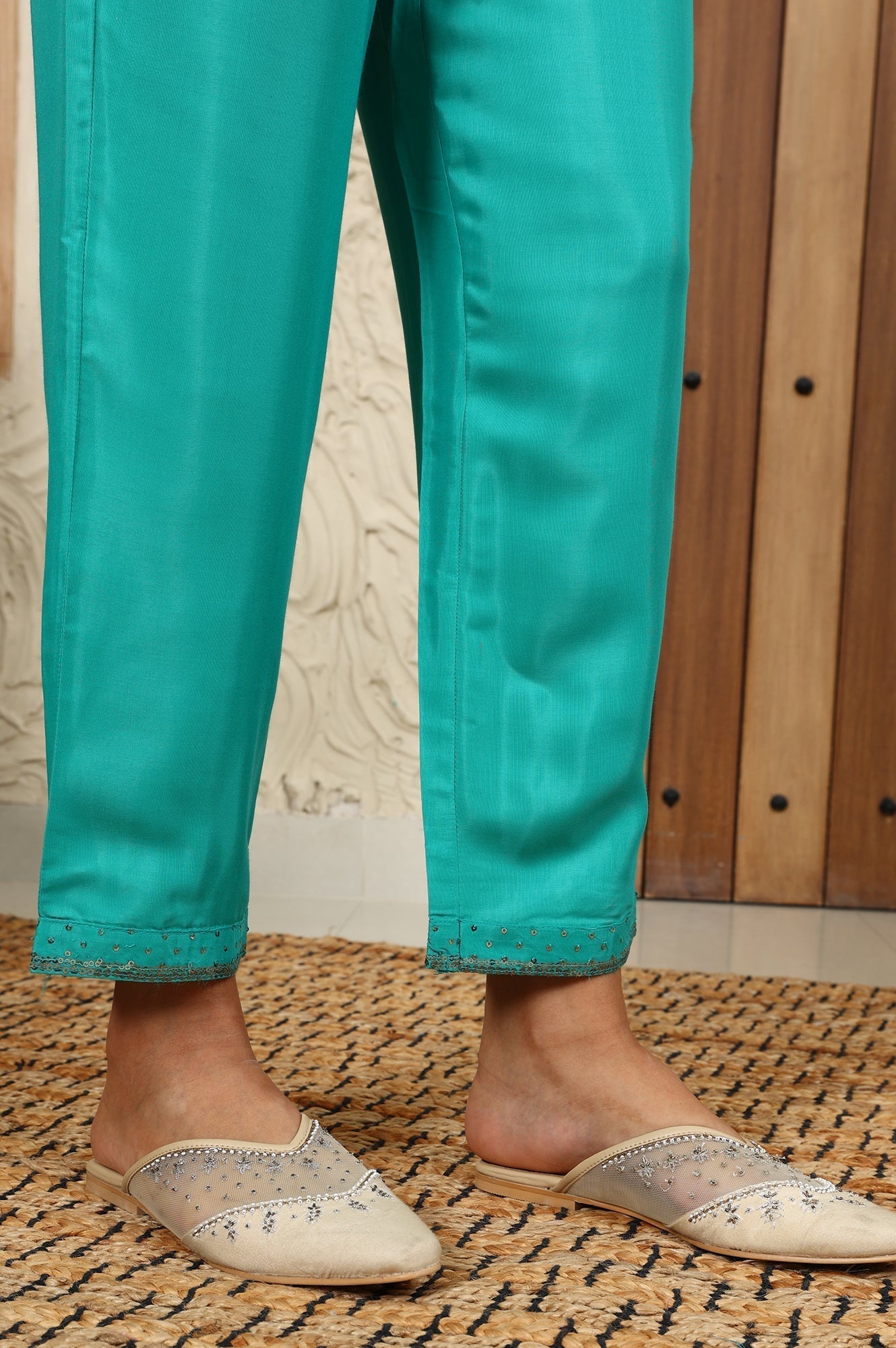 W for Woman Dark Teal Sequined Shantung Straight Pants