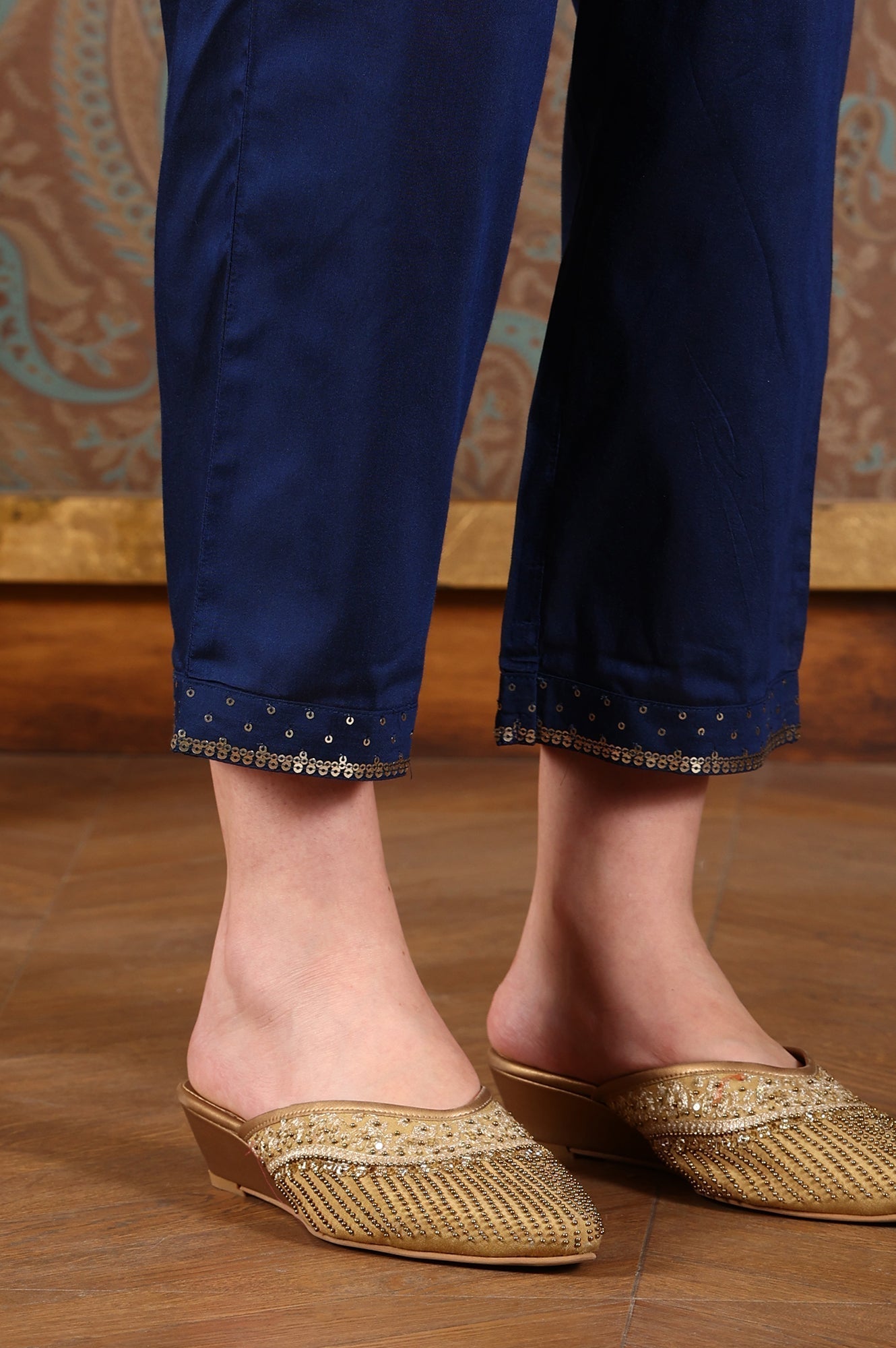 W for Woman Navy Blue Embellished Ankle-Length Straight Pants