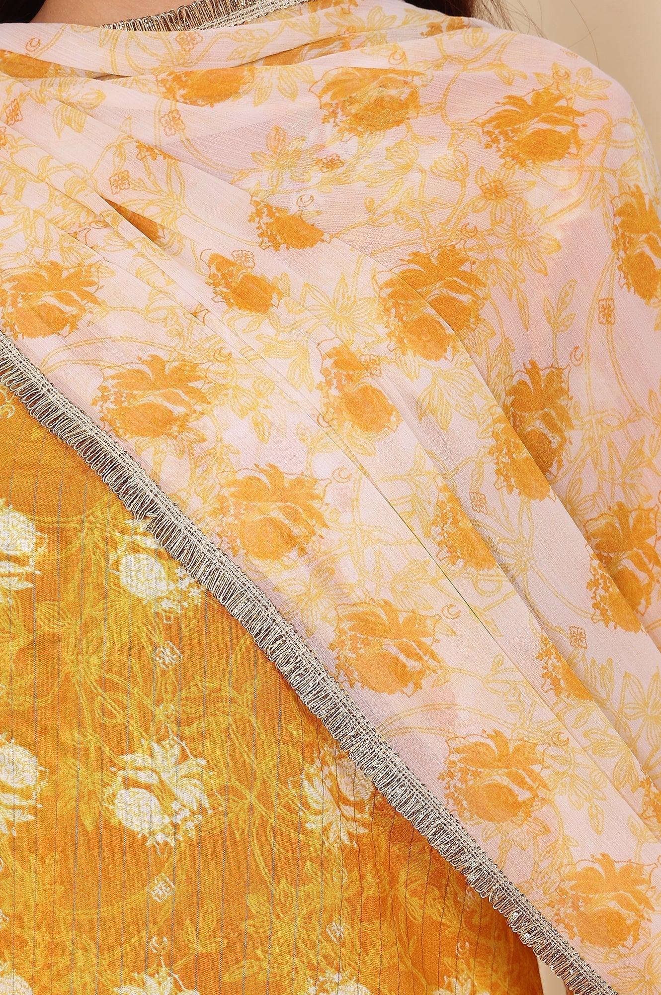 W for Woman White And Yellow Floral Printed Chiffon Dupatta With Gota Patti Border