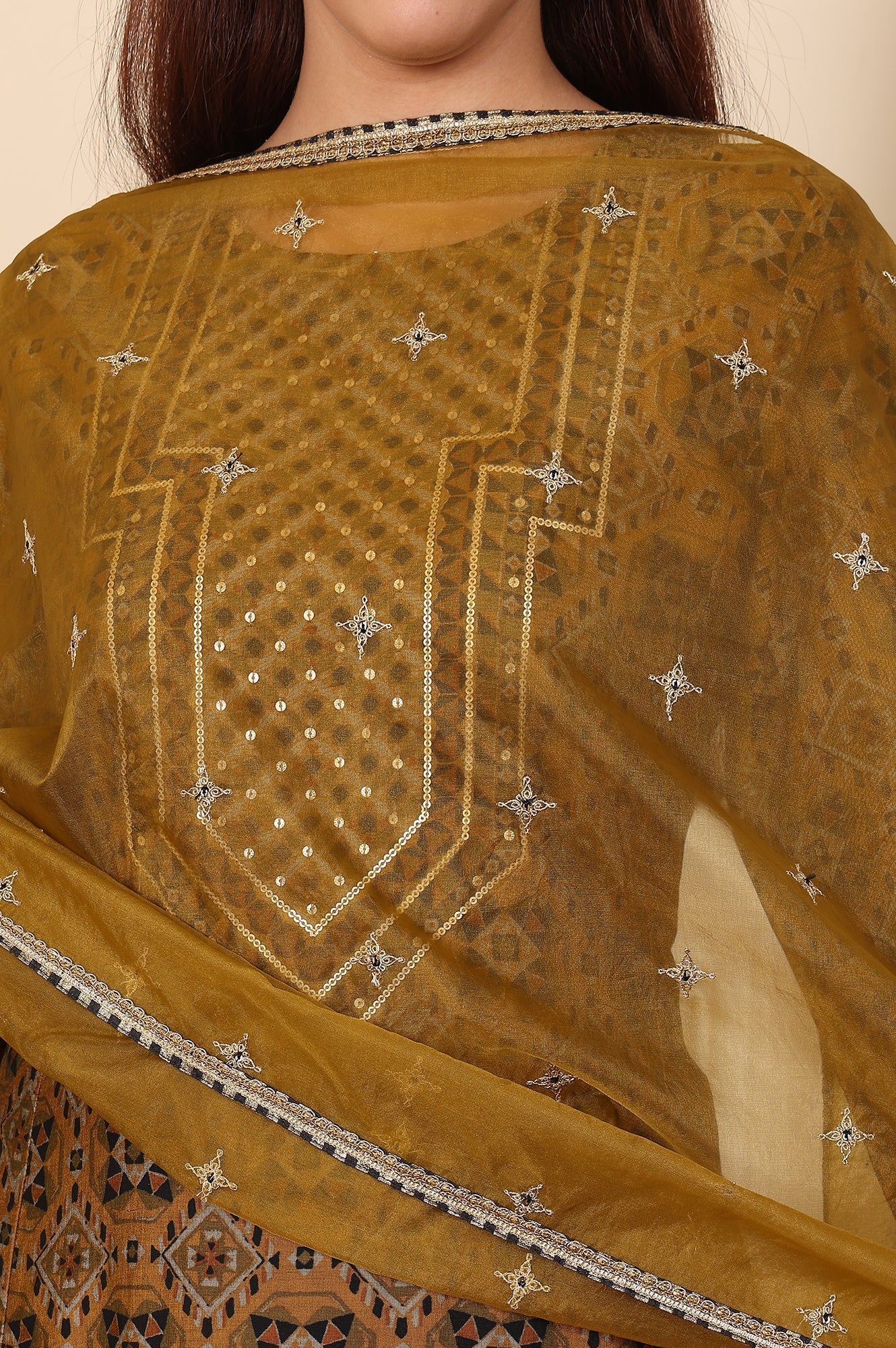 W for Woman Mustard Yellow Dori Embroidered Organza Dupatta