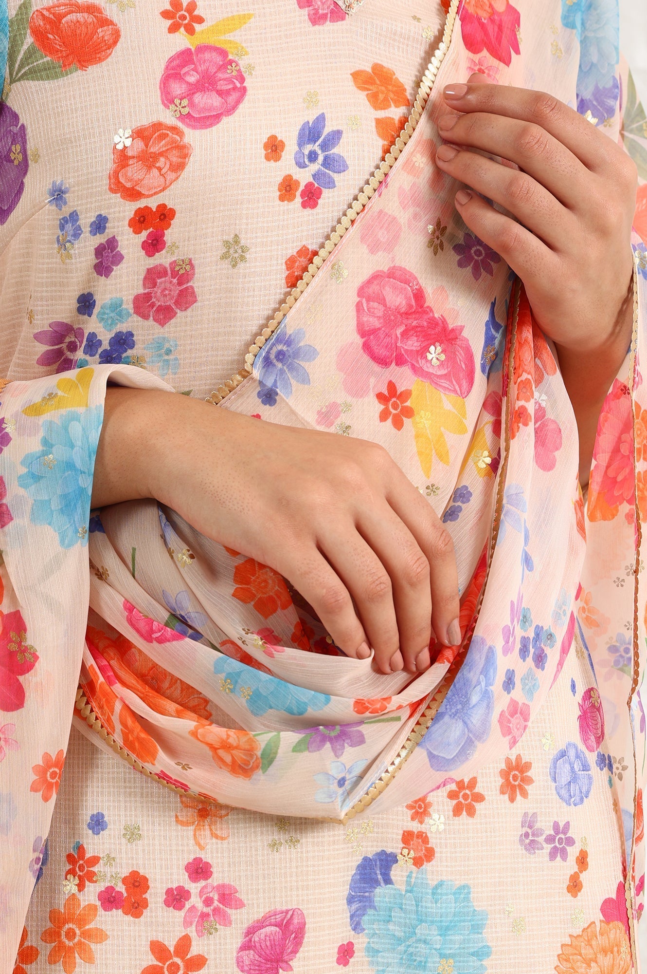 W for Woman Off-White Digital Foil Floral Printed Chiffon Dupatta
