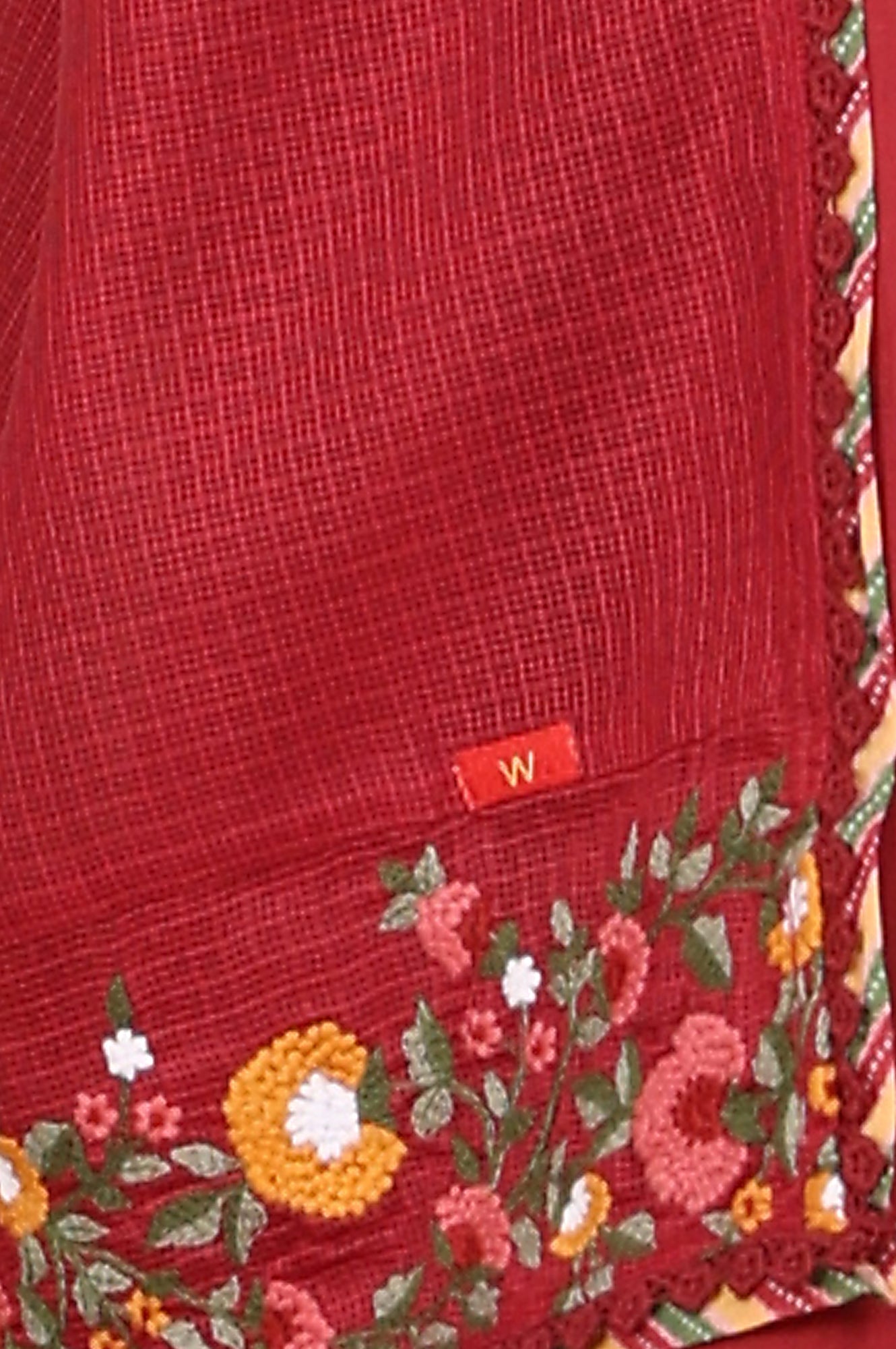W for Woman Maroon Floral Thread Embroidered Pure Cotton Sleeveless Kurta, Pants and Dupatta Set