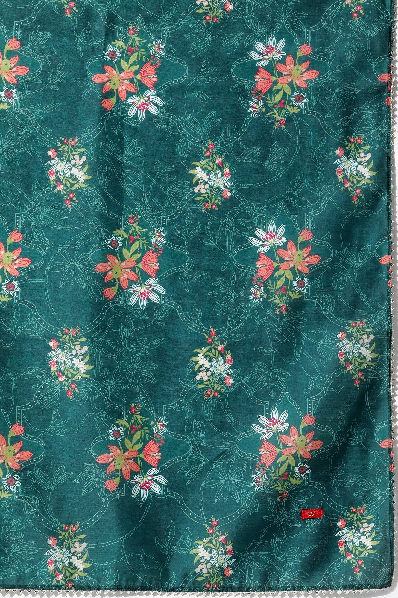 W for Woman Emerald Green Panelled Embroidered Kurta, Pants And Printed Chanderi Dupatta