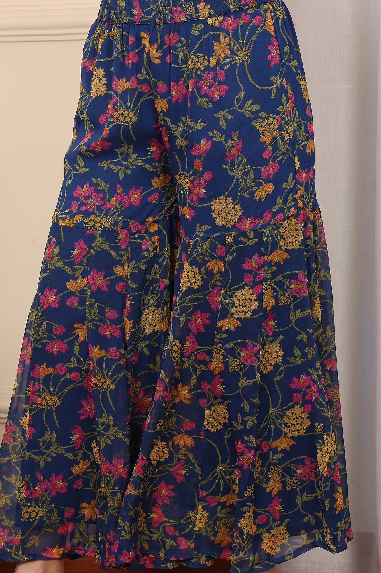 W for Woman Navy Blue Floral Printed Embroidered Flared Short Kurta And Sharara Set With Dupatta