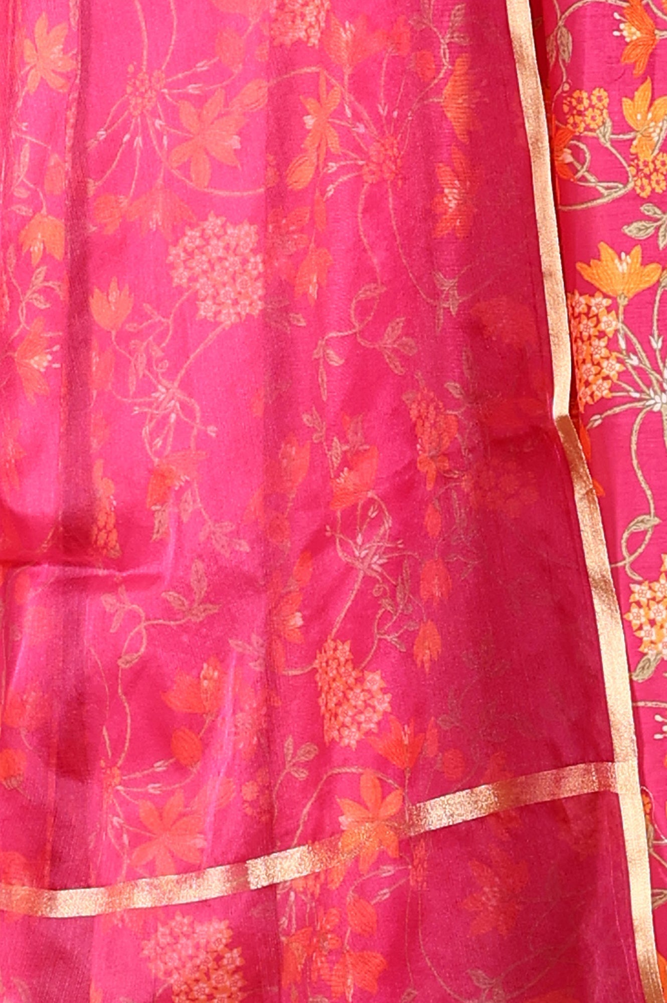 W for Woman Magenta Pink Floral Printed Kalidar Flared Chanderi Kurta & Pants Set With Dupatta