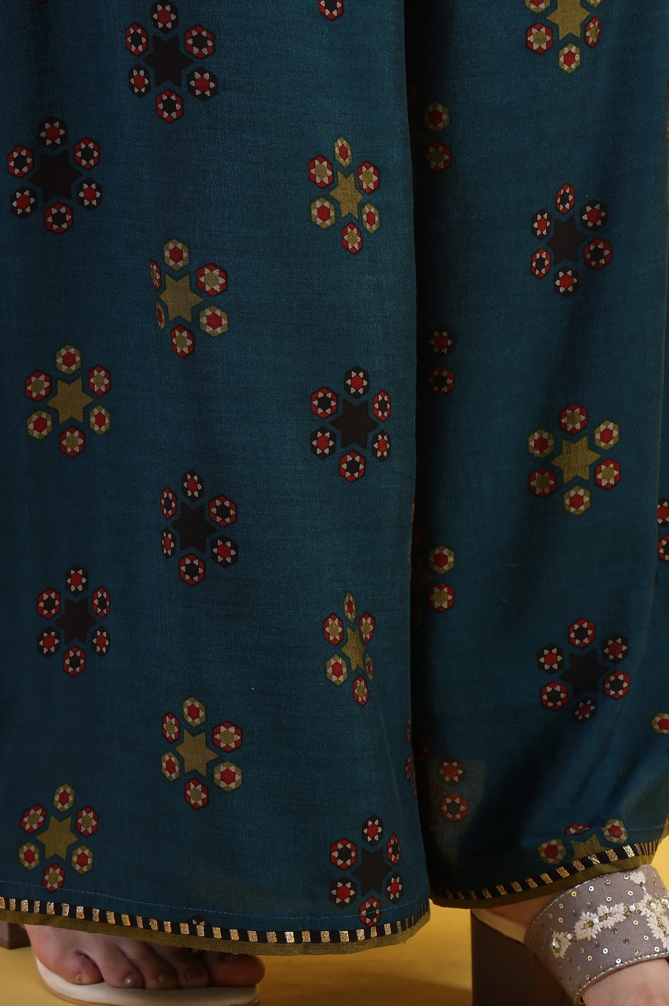 W for Woman Blue Printed Sequins Flared Kurta & Flared Pants with Dupatta Set