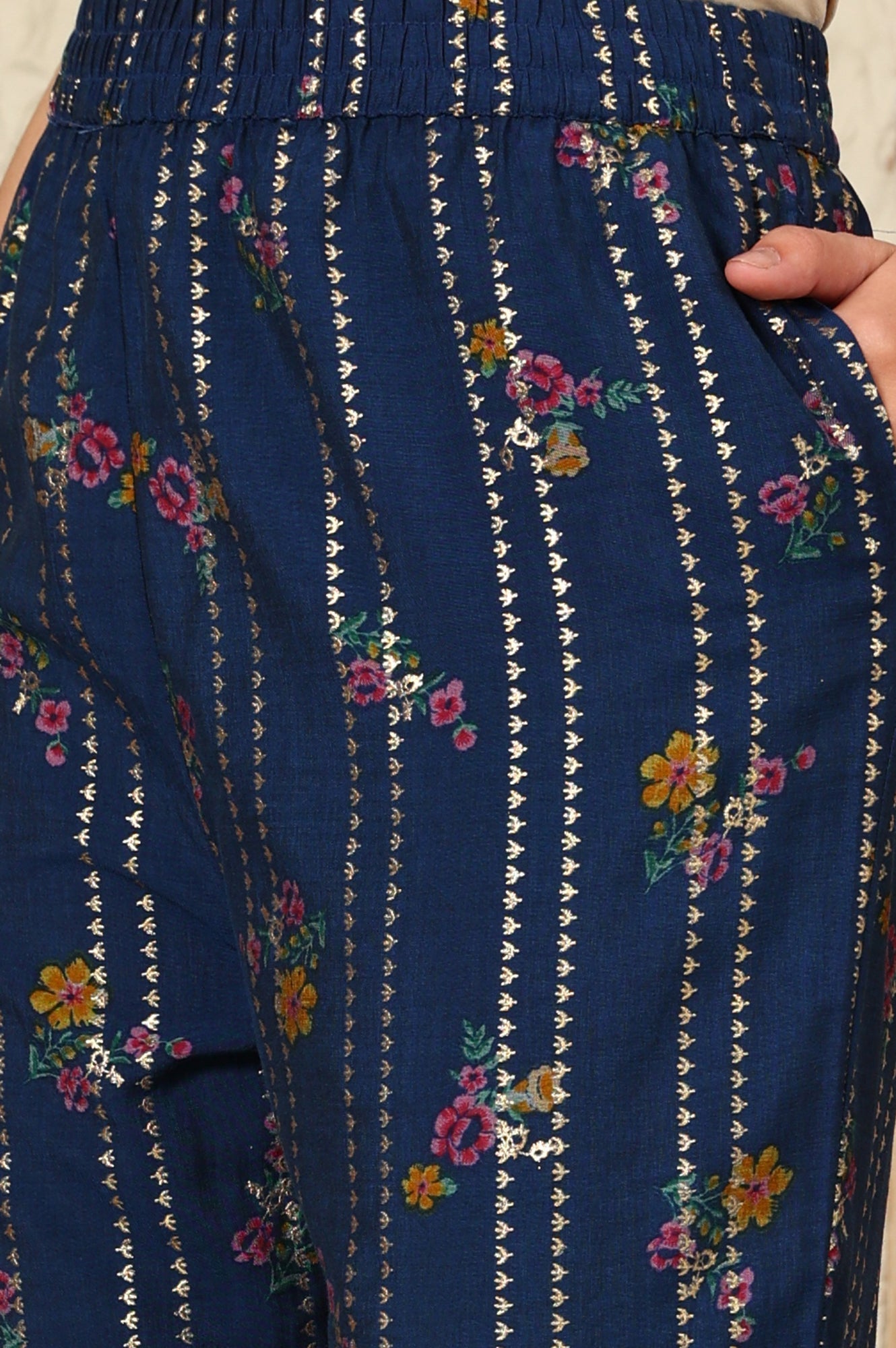 W for Woman Royal Blue Foil Floral Printed Vicuna Crepe Straight Kurta And Pants Set