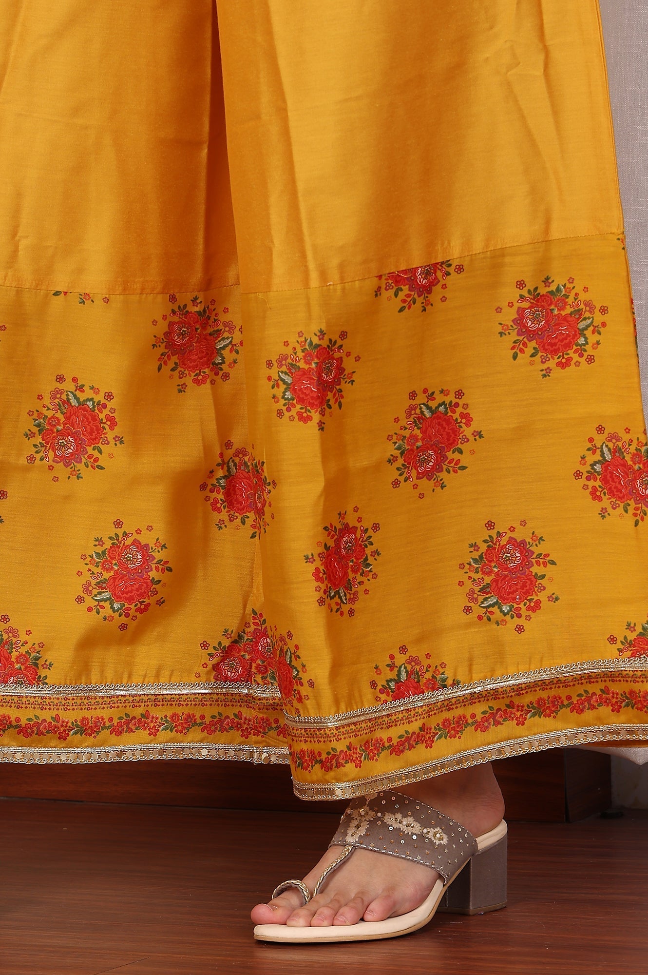 W for Woman Mustard Yellow Floral Printed Chanderi Anarkali Kurta With Embroidery, Flared Pants And Dupatta Set