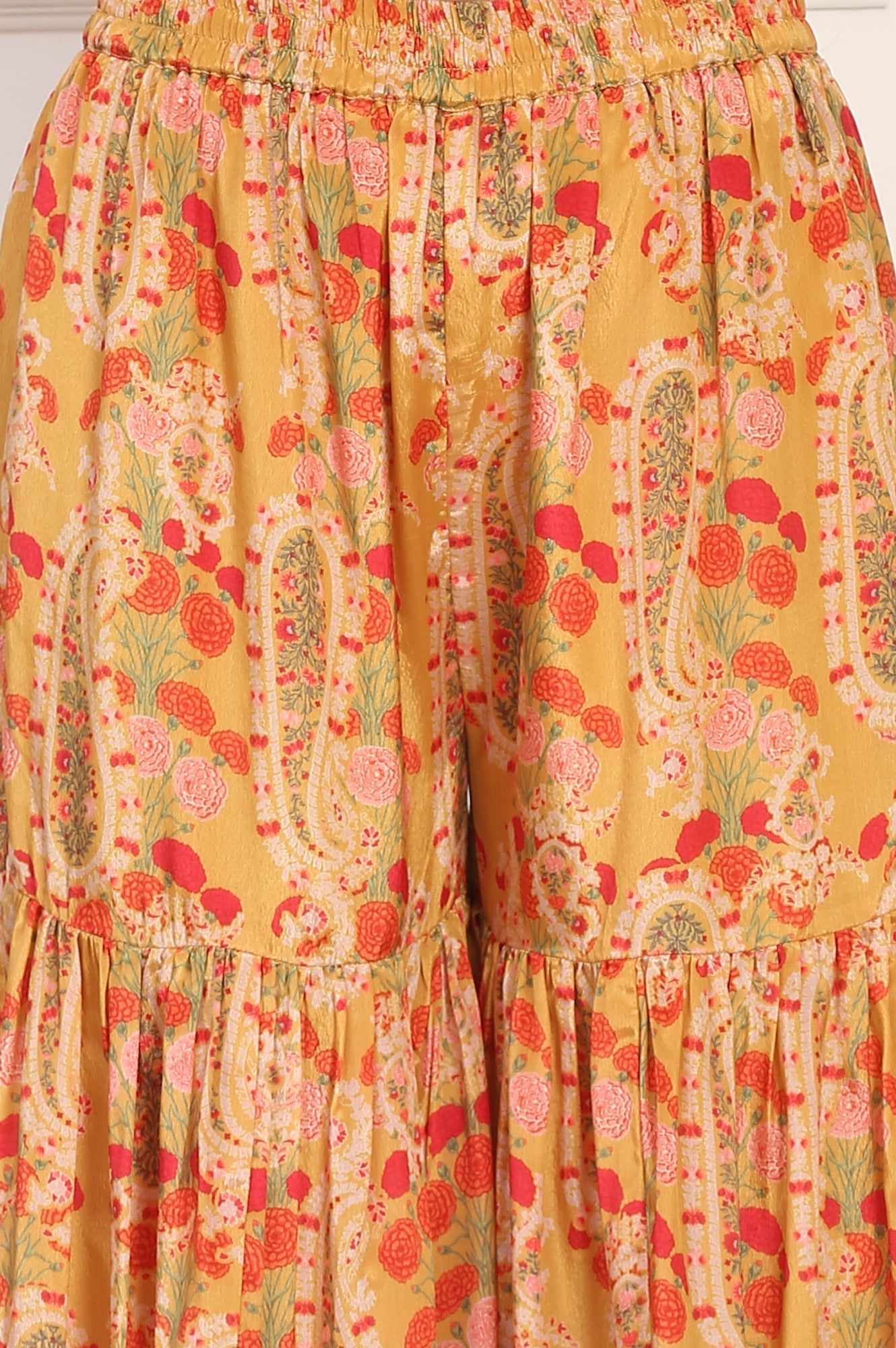 W for Woman Yellow Embroidered Straight Shantung Kurta with Sharara and Dupatta Set