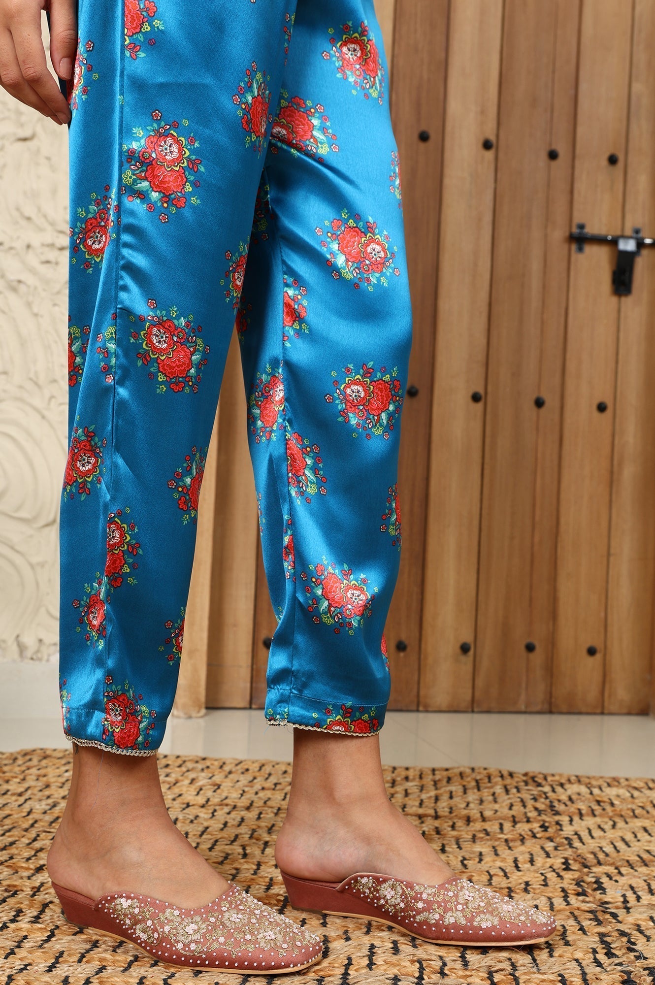 W for Woman Teal Blue Floral Printed Japenese Satin Embroidered A-Line Kurta And Pants Set With Dupatta