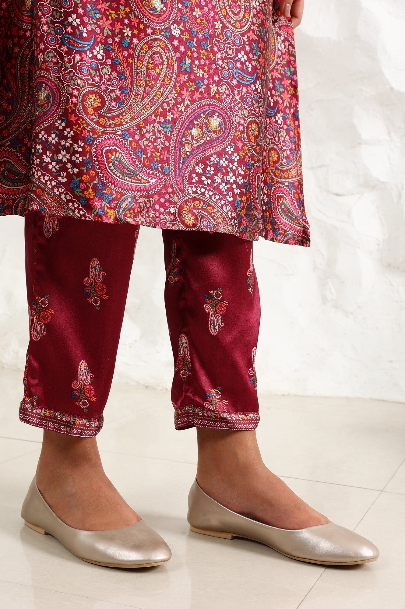 W for Woman Wine Paisley Printed Japanese Satin Embroidered Neck Kurta With Straight Pants With Dupatta