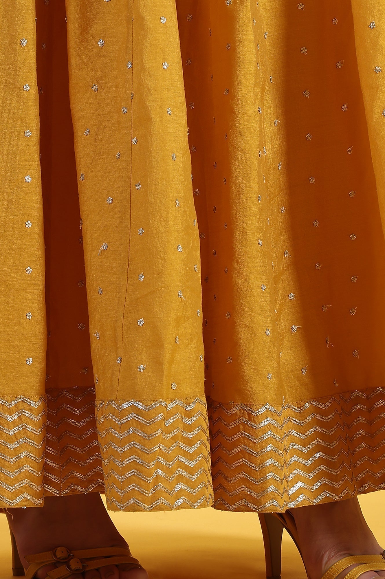 W for Woman Yellow Metallic Embroidery Crop Top & Skirt with Dupatta Set
