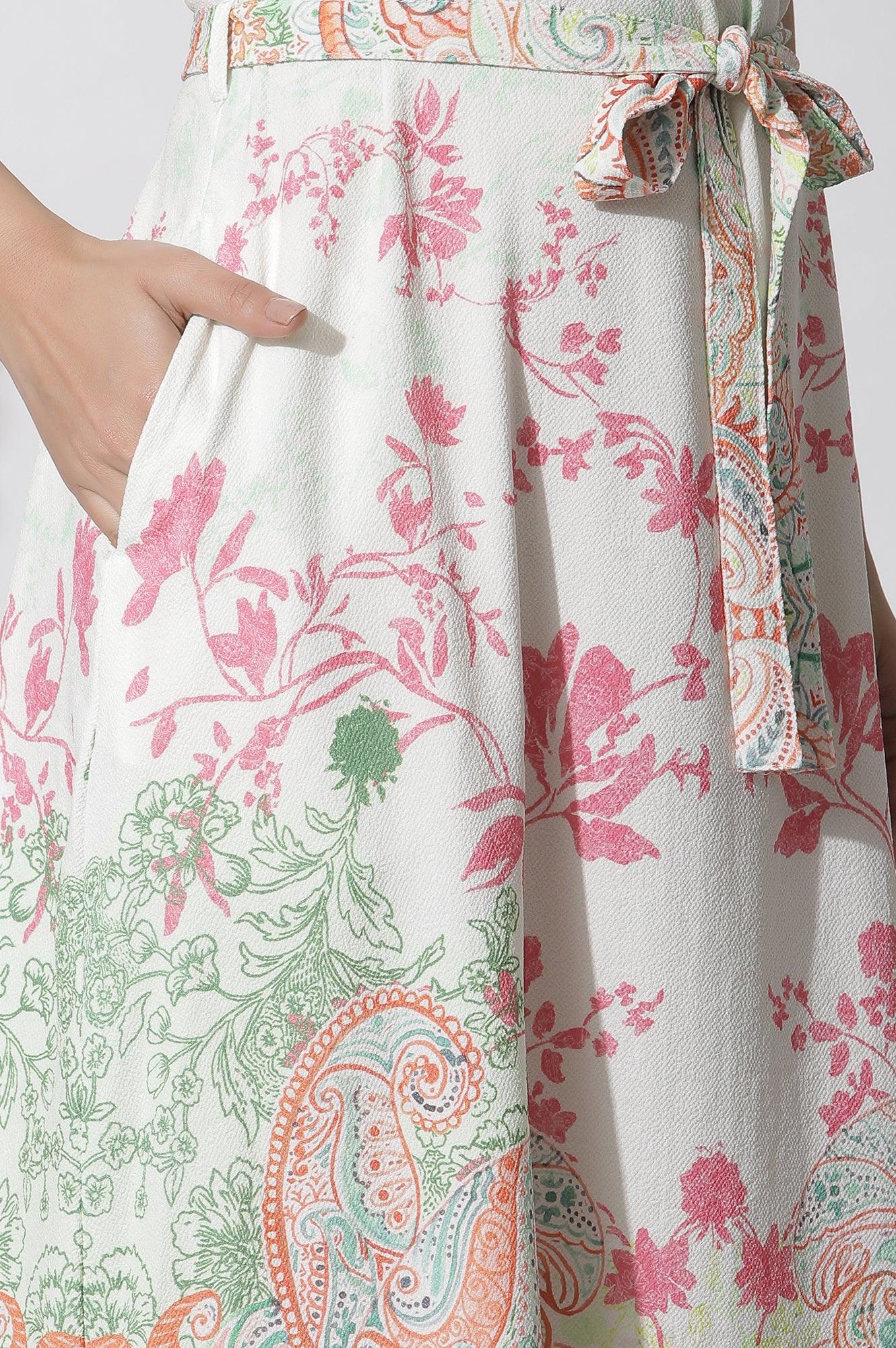 W for Woman White Textured Crepe Dress In Multi-Coloured Print