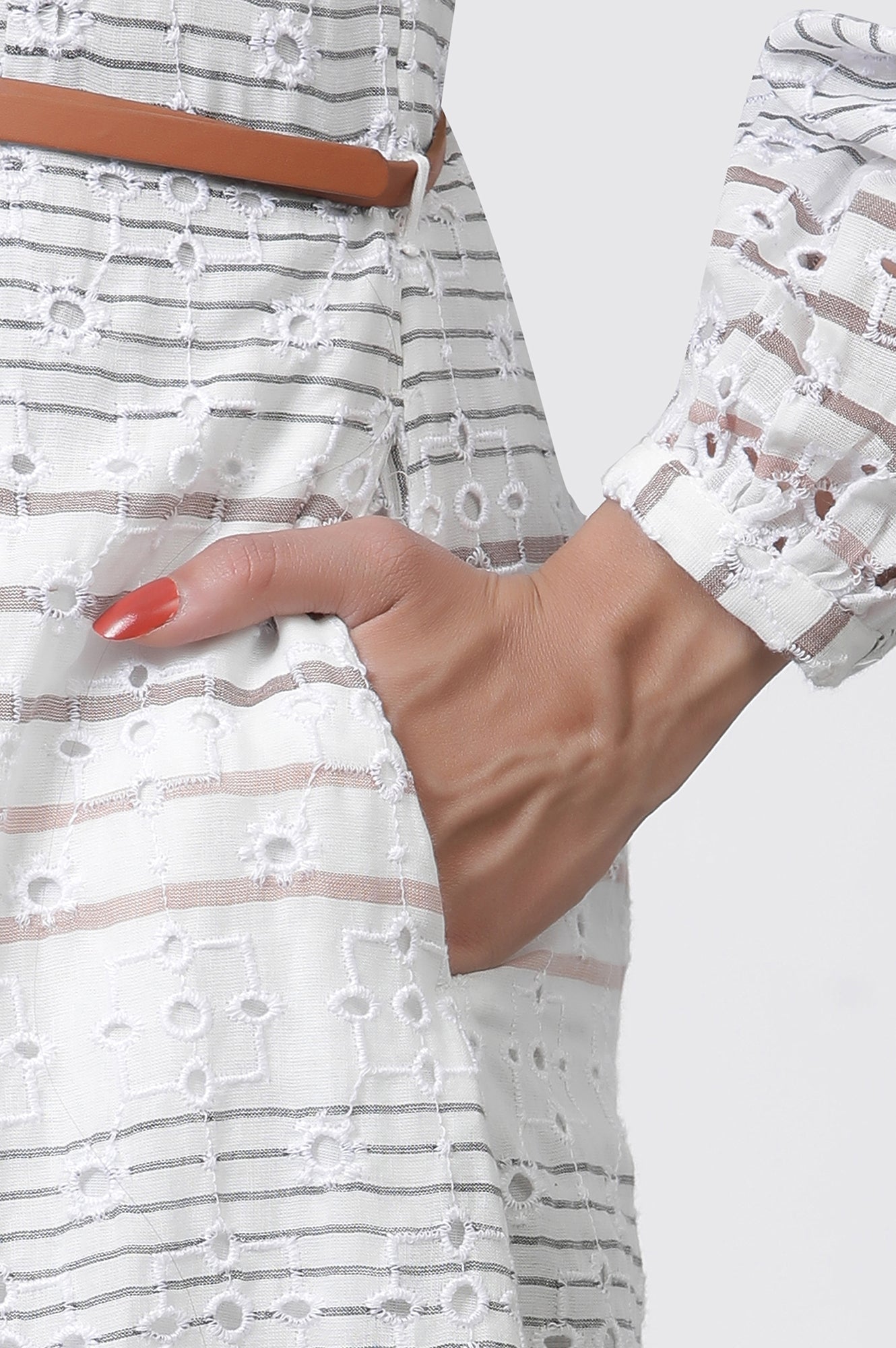 W for Woman White Striped Cotton Schiffli A-line Dress