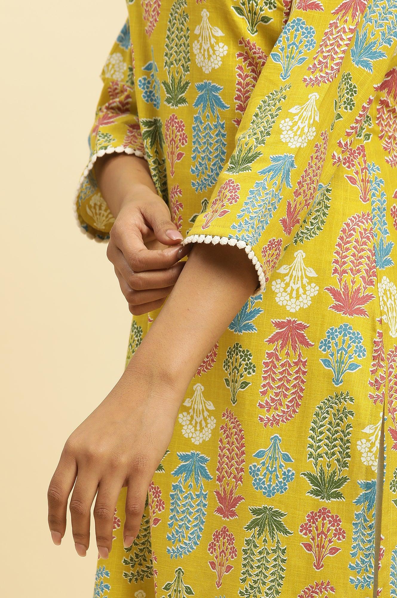 W for Woman Yellow Floral Printed Cotton Kurta With Lace