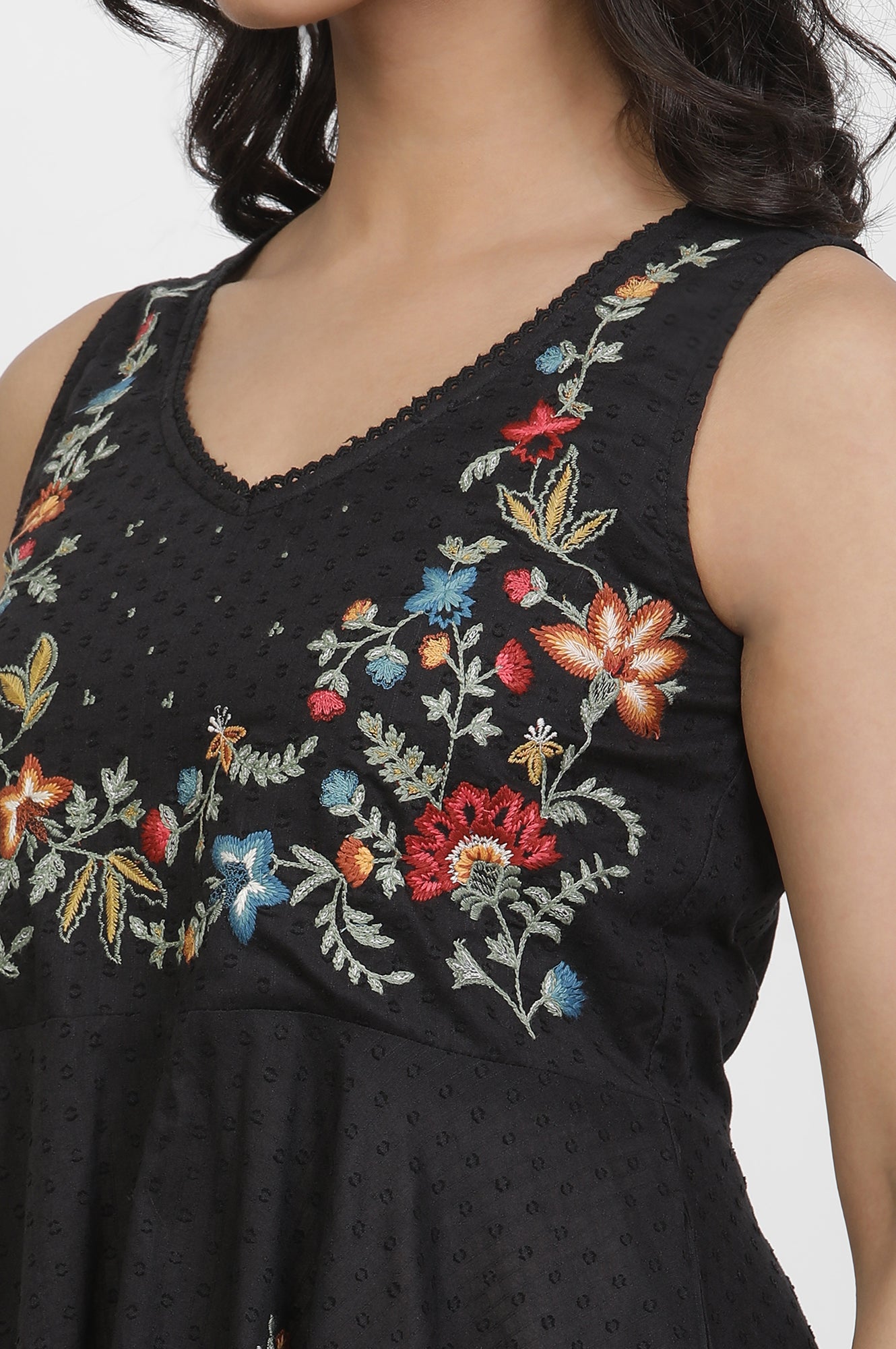 W for Woman Black Cotton Sleeveless Dress With Embroidery