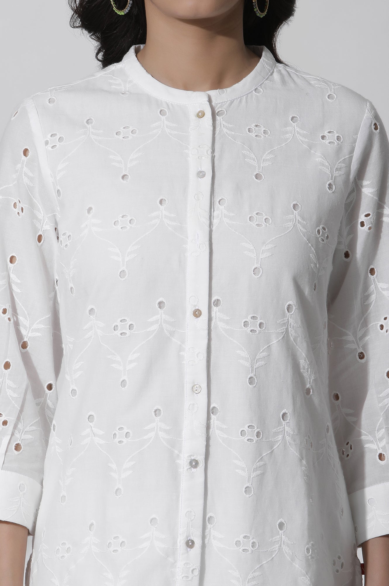 W for Woman White Schiffli Cotton Short Kurta