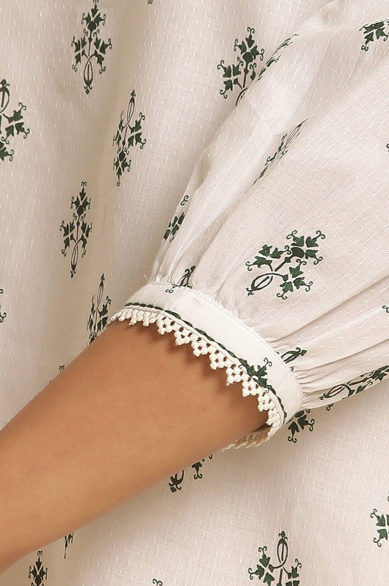 W for Woman White Printed Top Wit Lace And Puffed Sleeves