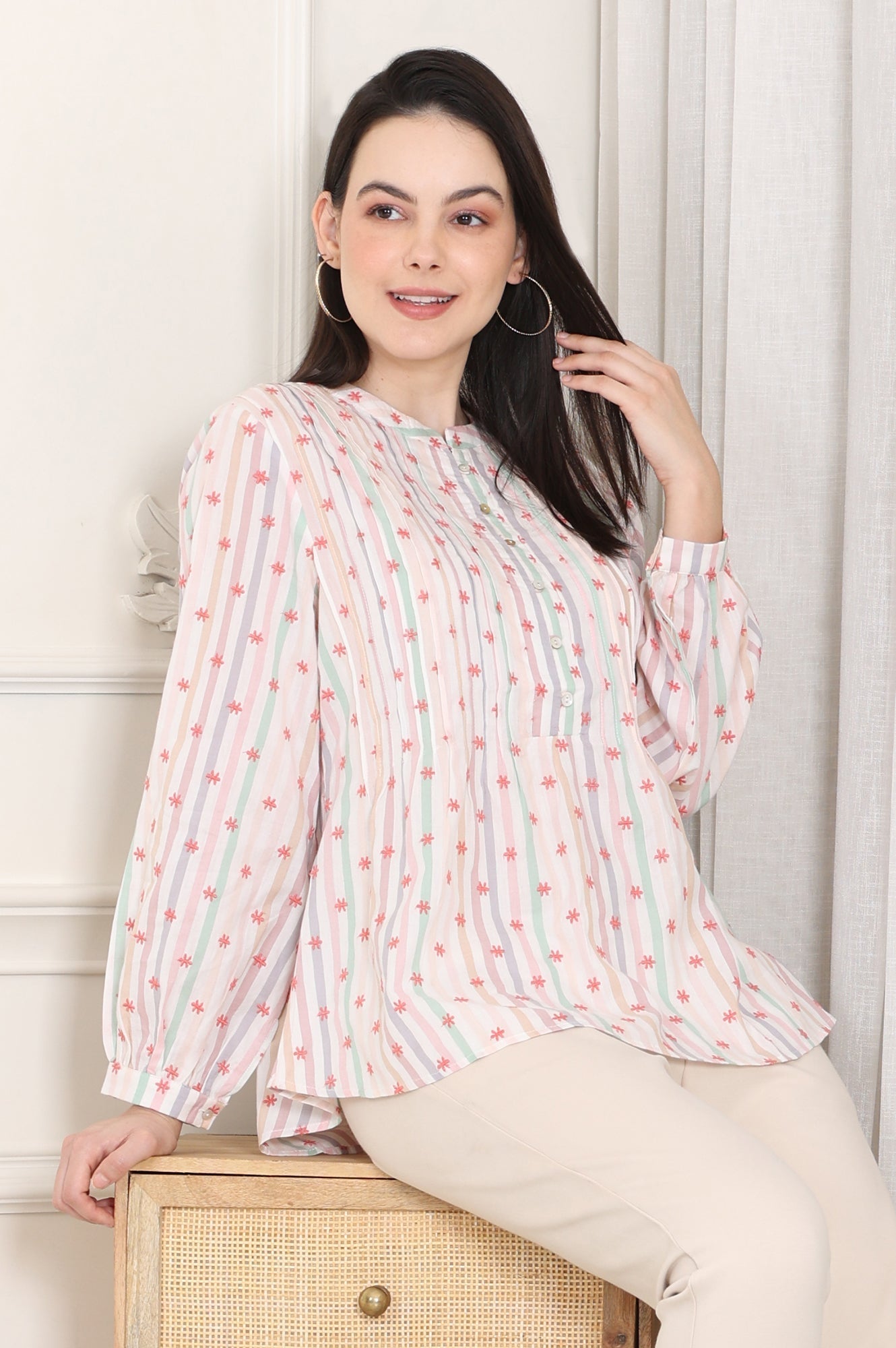 W for Woman White Pintuck Yoke Cotton Blend Embroidered Top With Stripes Print