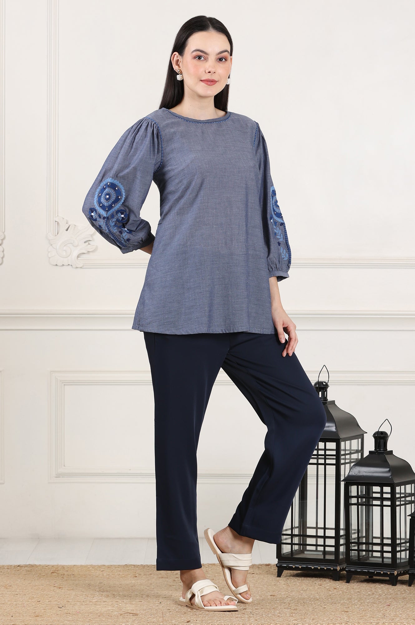 W for Woman Blue Solid Pure Cotton Chambray Embroidered Top
