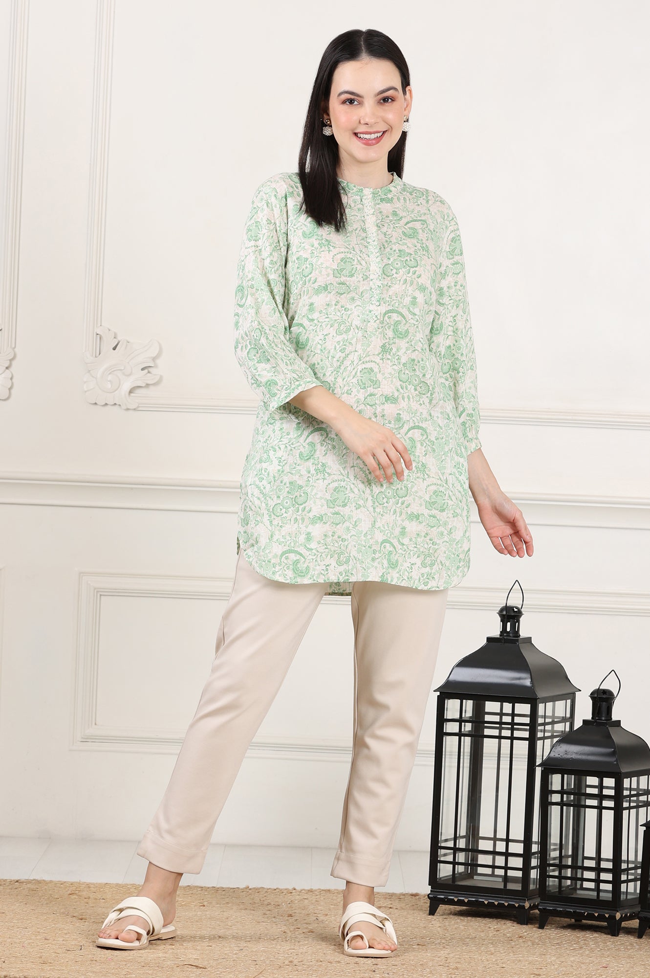 W for Woman White Floral Printed Swiss Dot Straight Tunic
