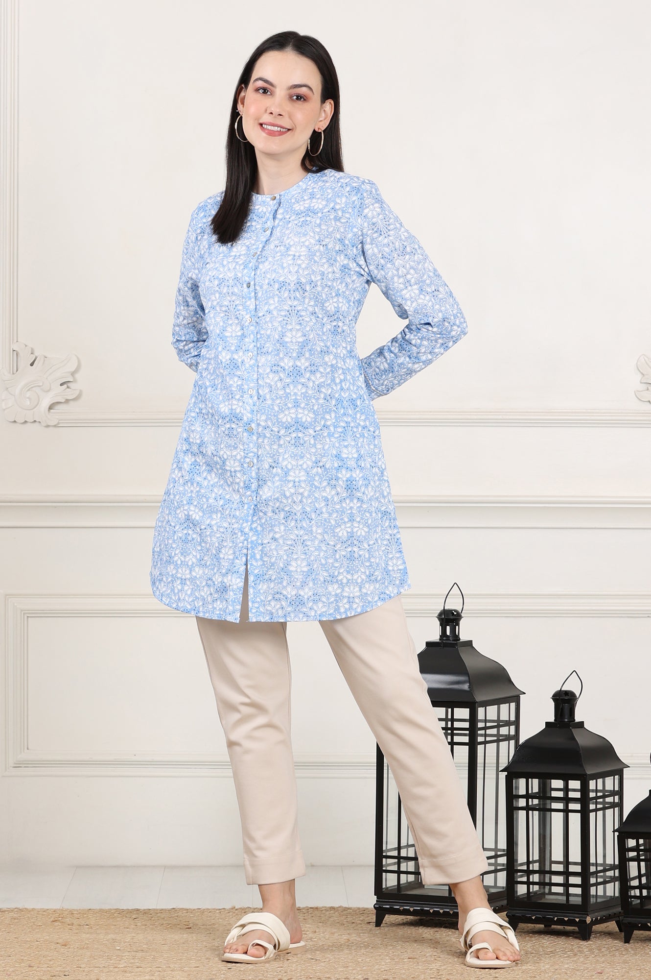 W for Woman Blue Floral Printed Mandarin Collar Pure Cotton Tunic