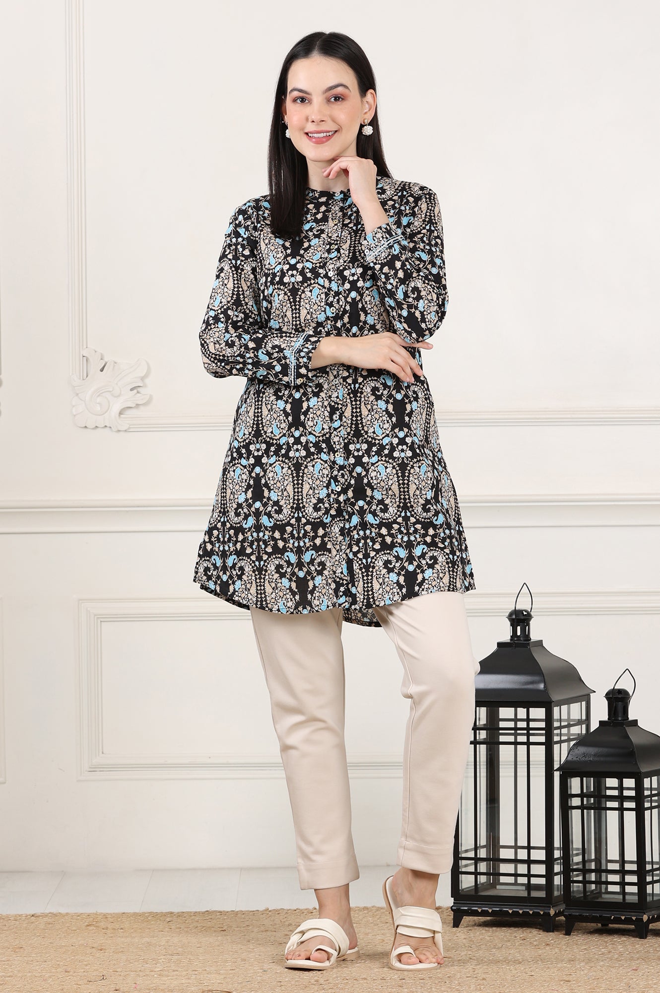 W for Woman Black Floral Printed Pure Cotton Shirt Collar Tunic