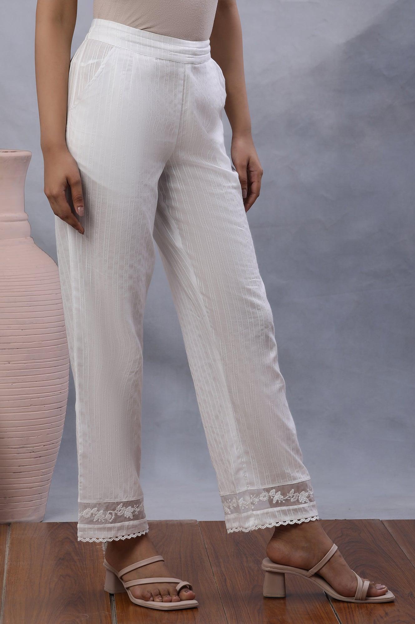 W for Woman Ecru Lurex Stripes Pants With Embroidered Hemline