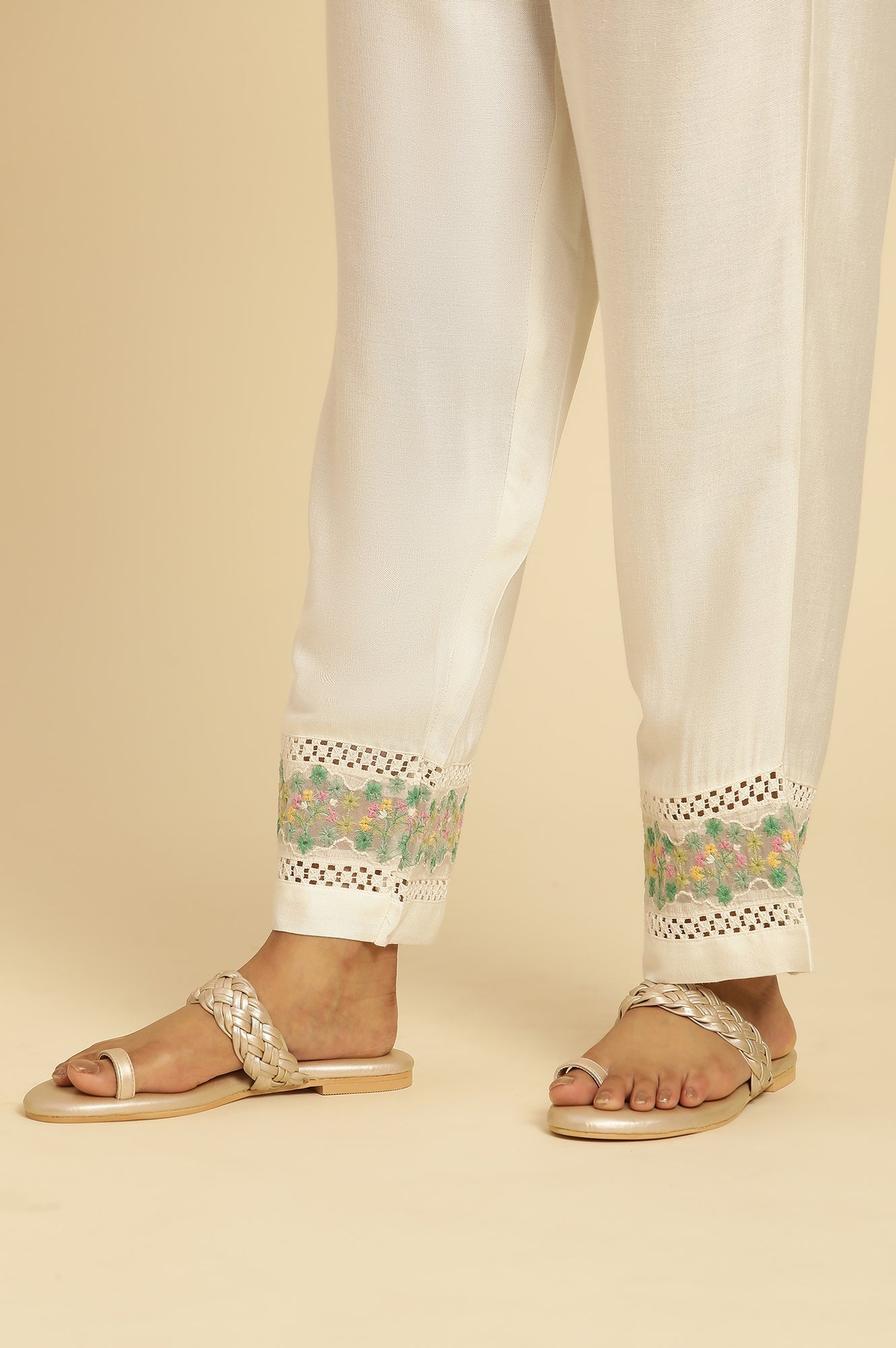 W for Woman White Straight Pants With Embroidered Hemline