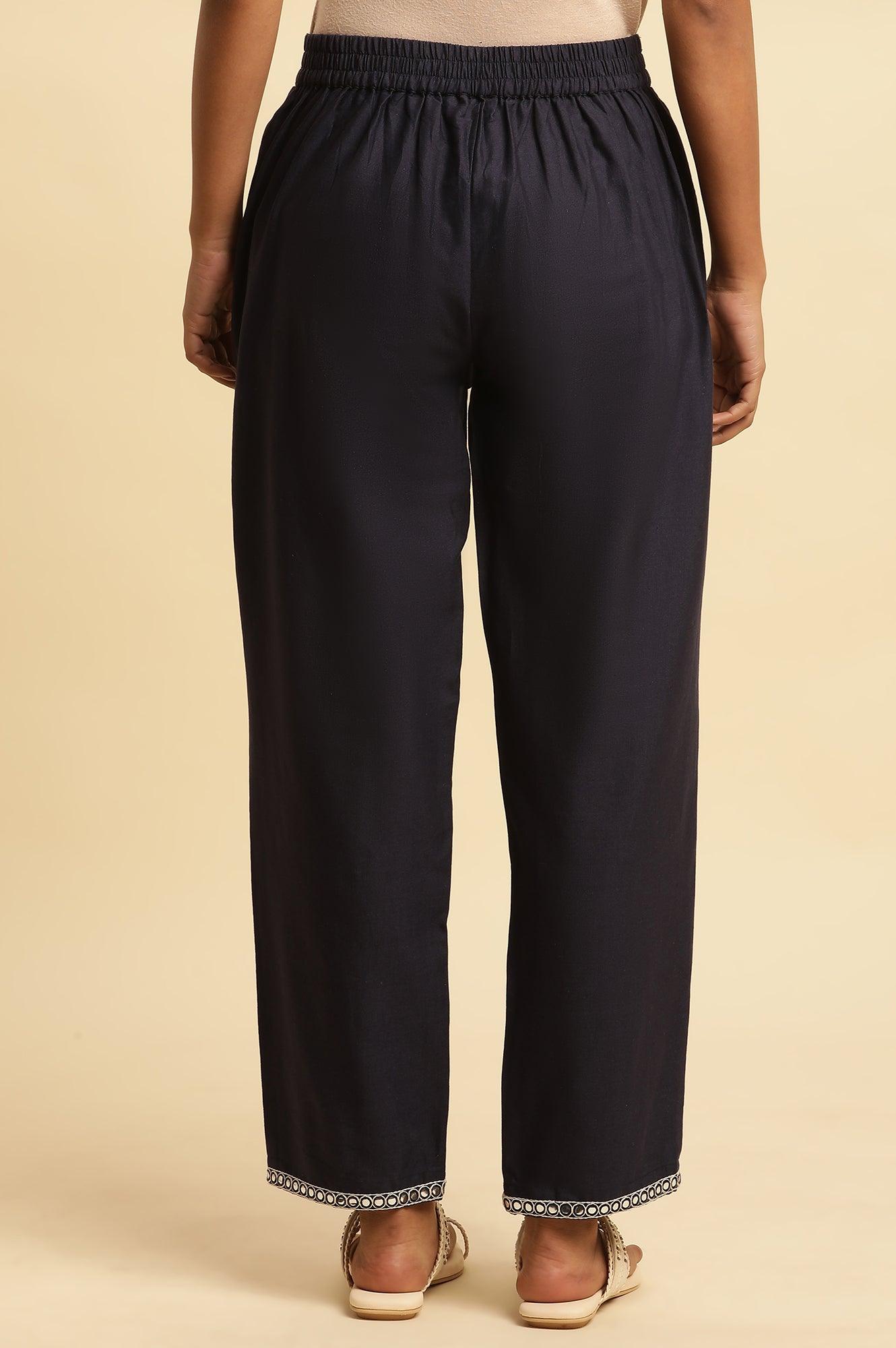 W for Woman Blue Cotton Flax Straight Pants With Embroidery