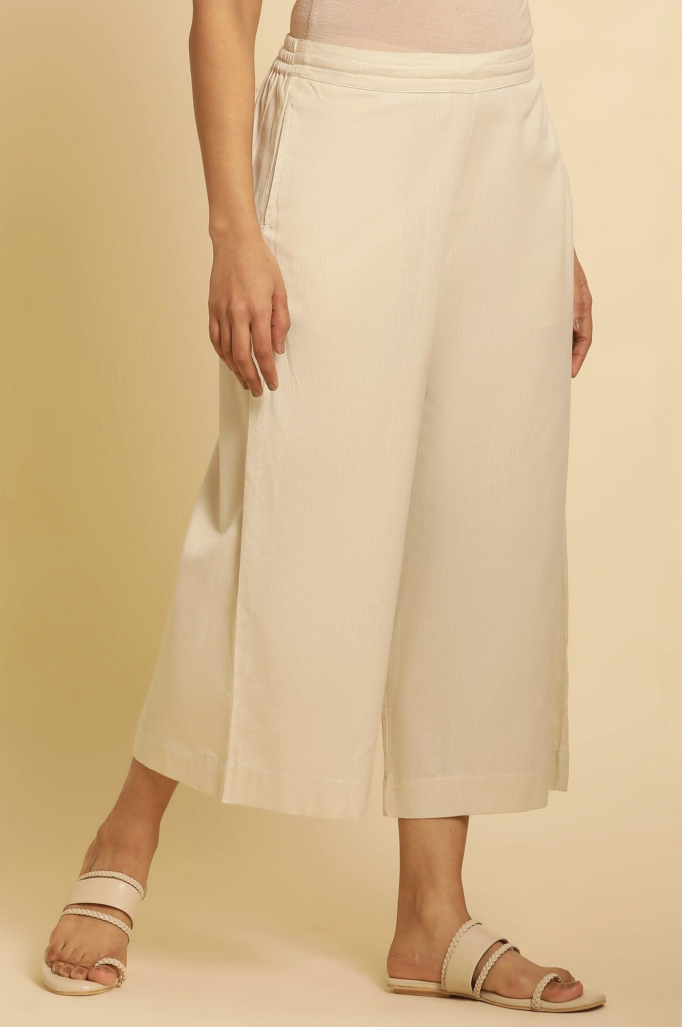 W for Woman Beige Cotton Flax Flared Pants