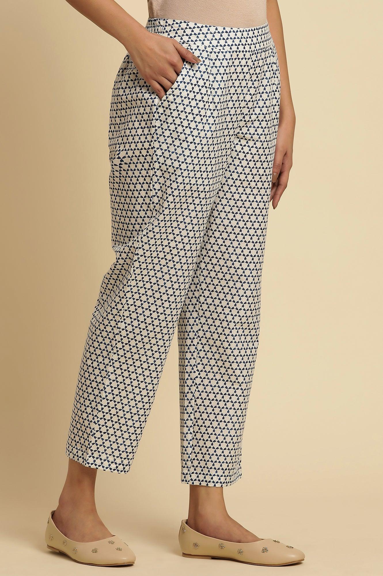 W for Woman White Straight Pants With Blue Triangle Print