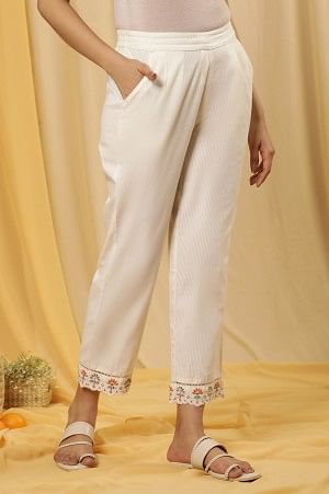 W for Woman Whte Stripe Printed Cotton Pants With Embroidered Hemline