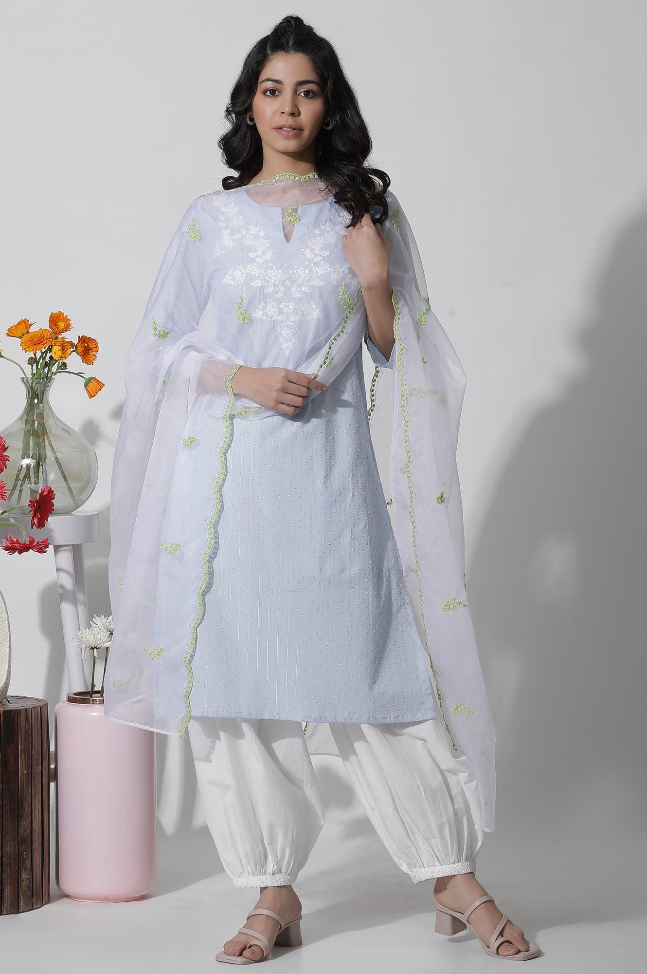 W for Woman Ecru Organza Dupatta With Contrasting Embroidery