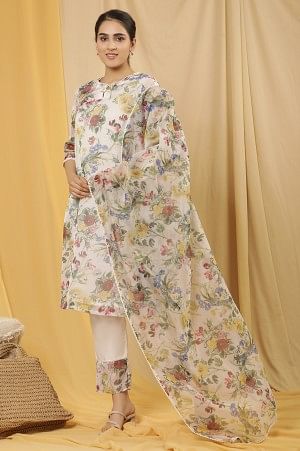 W for Woman White Organza Floral Printed Dupatta