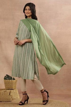 W for Woman Sage Green Cotton Embroidered Dupatta