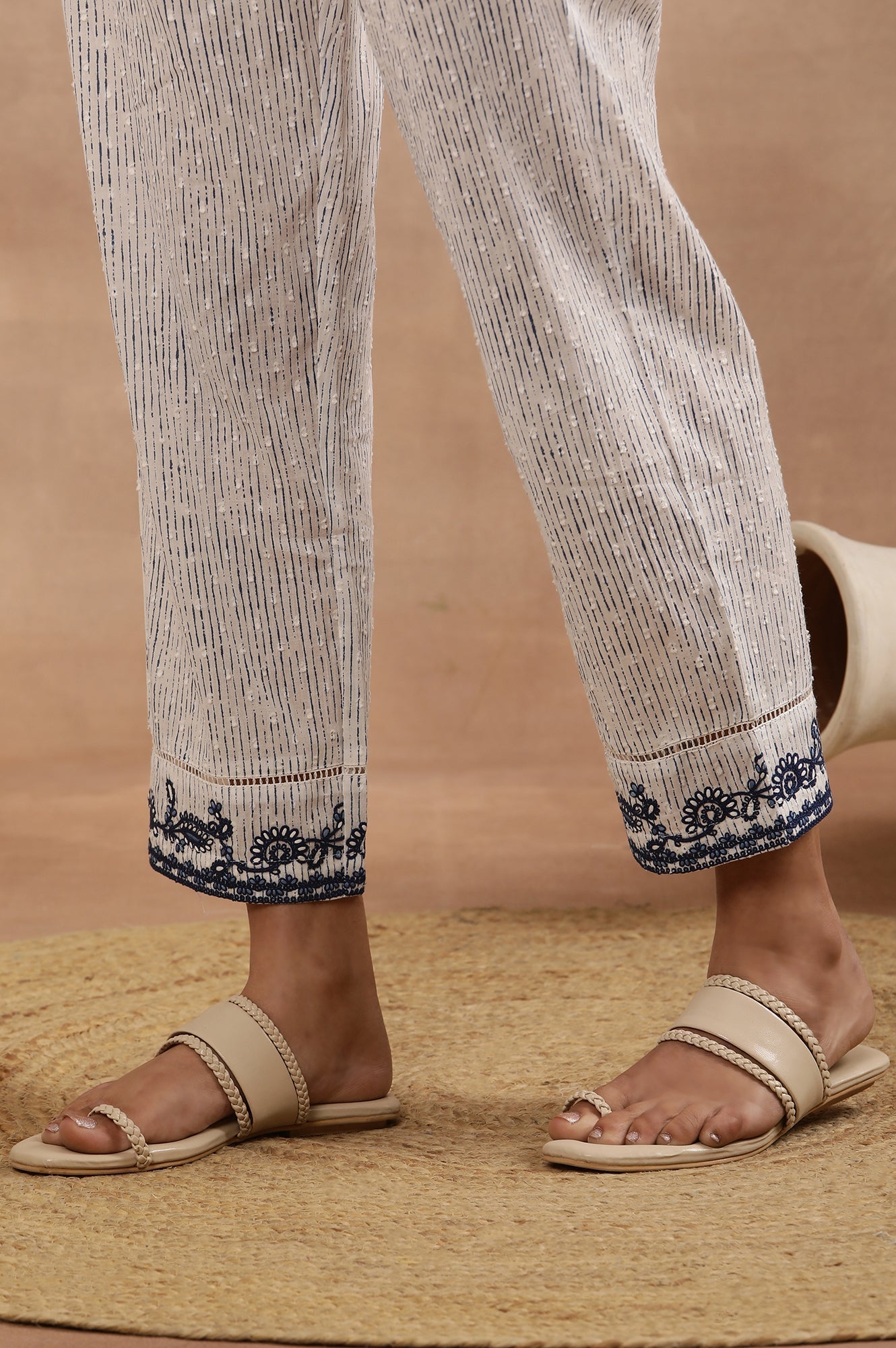 W for Woman White And Blue Cotton Printed Kurta With Embroidery And Pants Set