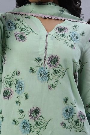 W for Woman Green Floral Printed A-Line Kurta, Gathered Pants And Dupatta Set
