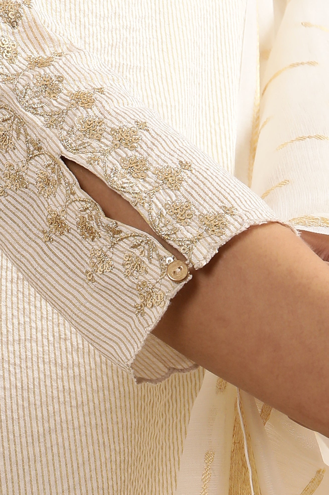 W for Woman White A-Line Chanderi Kurta, Pants And Dupatta Set
