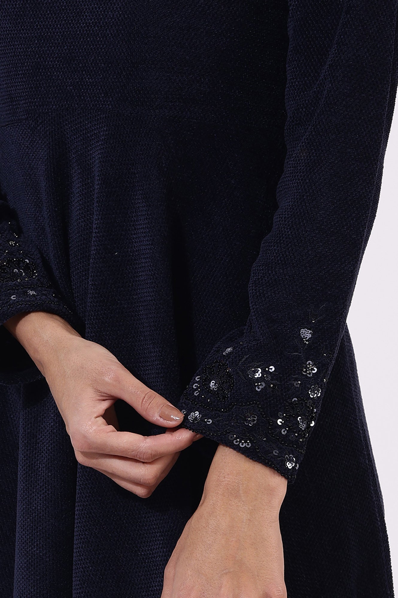 W for Woman Blue Embroidered Sequins Flarred Dresses