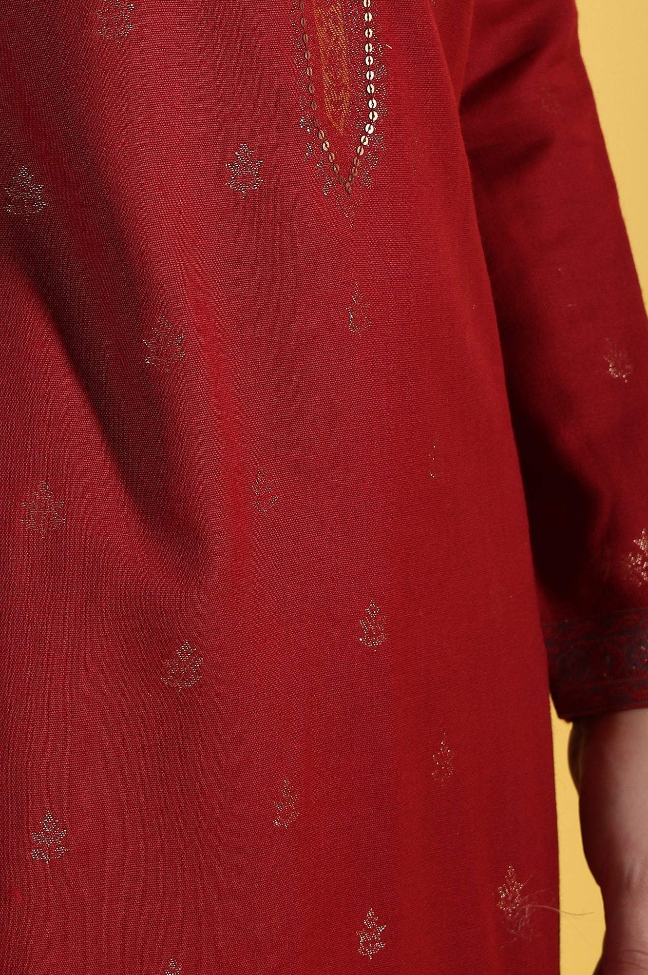W for Woman Red Yarn Dyed Sequins A-Line Kurta & Straight pant with Dupatta Set