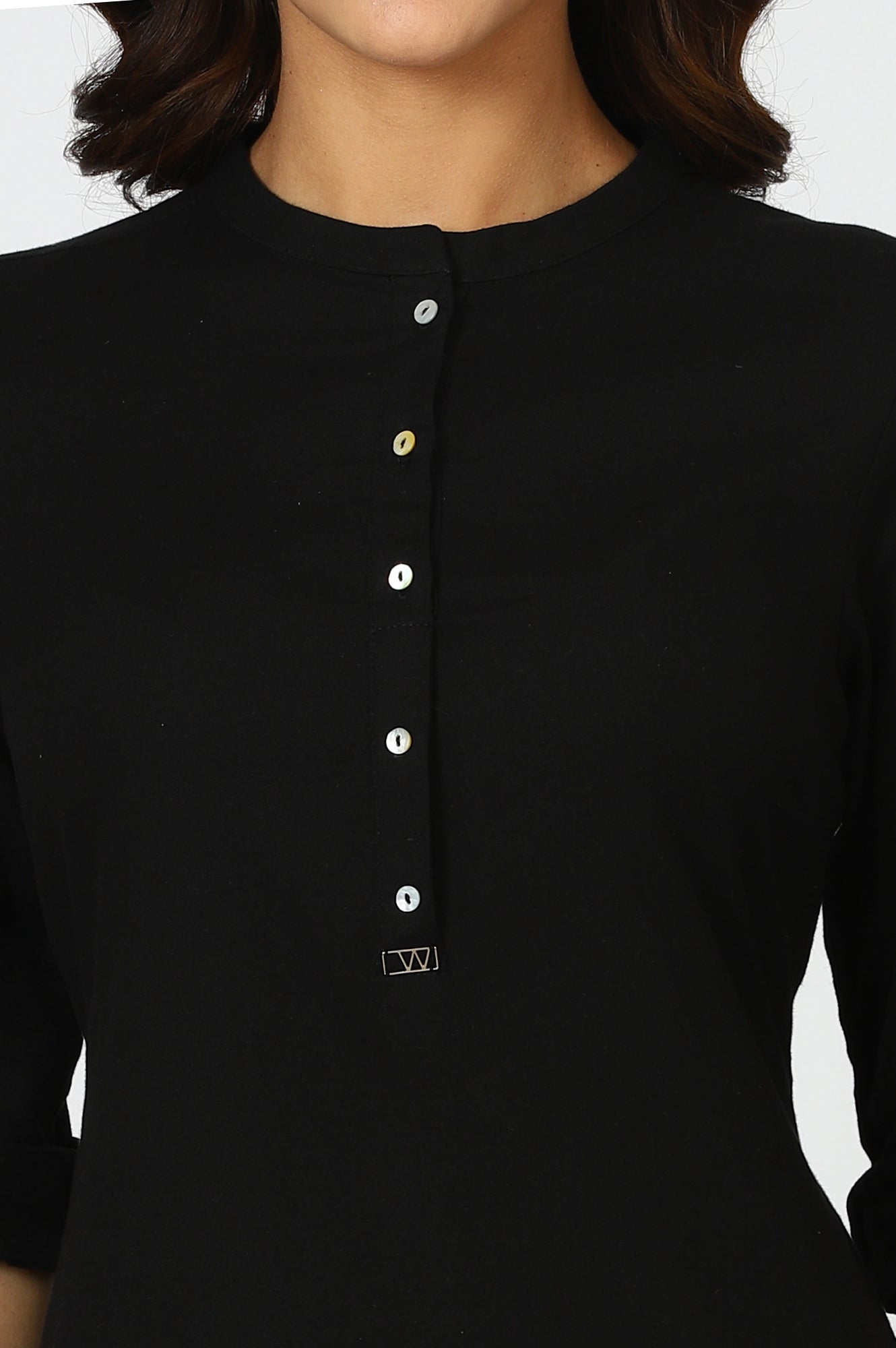 W for Woman Black Mandarin Collar Cotton Blend Straight Kurta