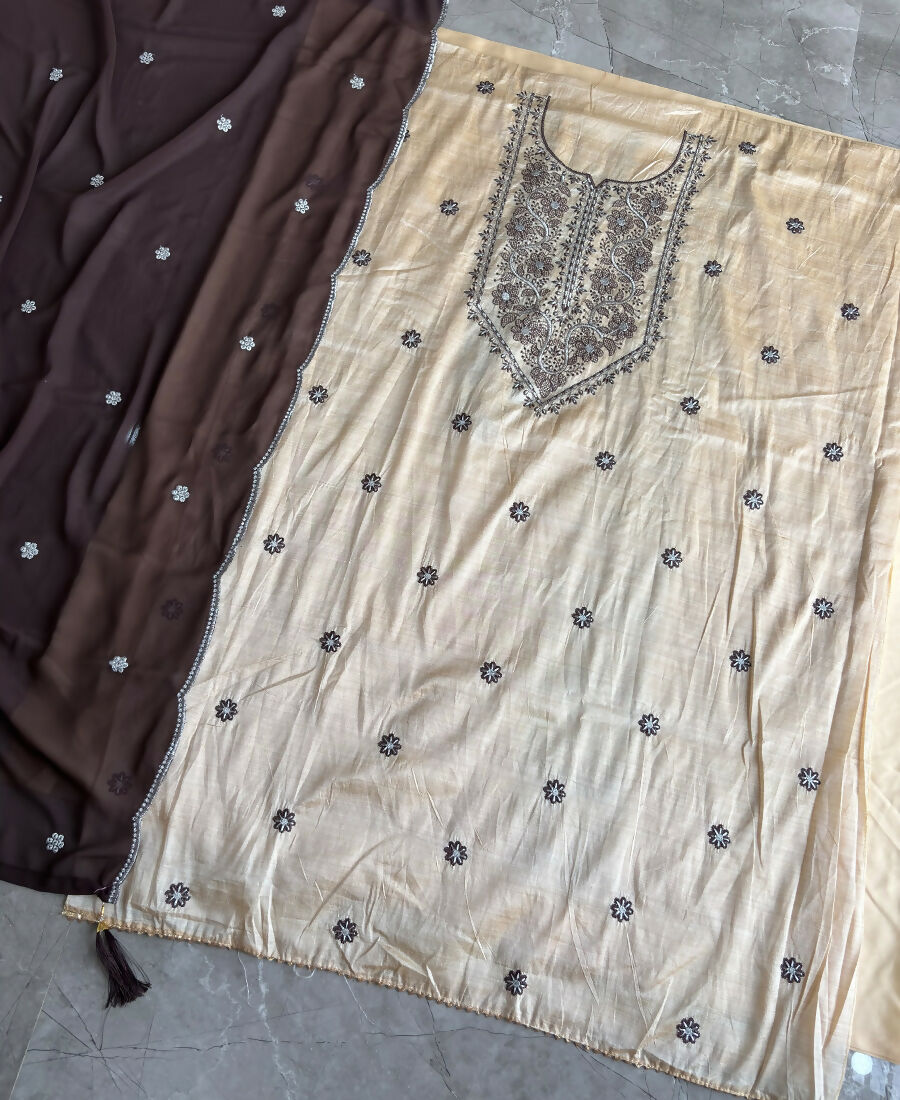 KC Khadi Cotton White Suit With Brown Dupatta 3 Piece Pair For Women