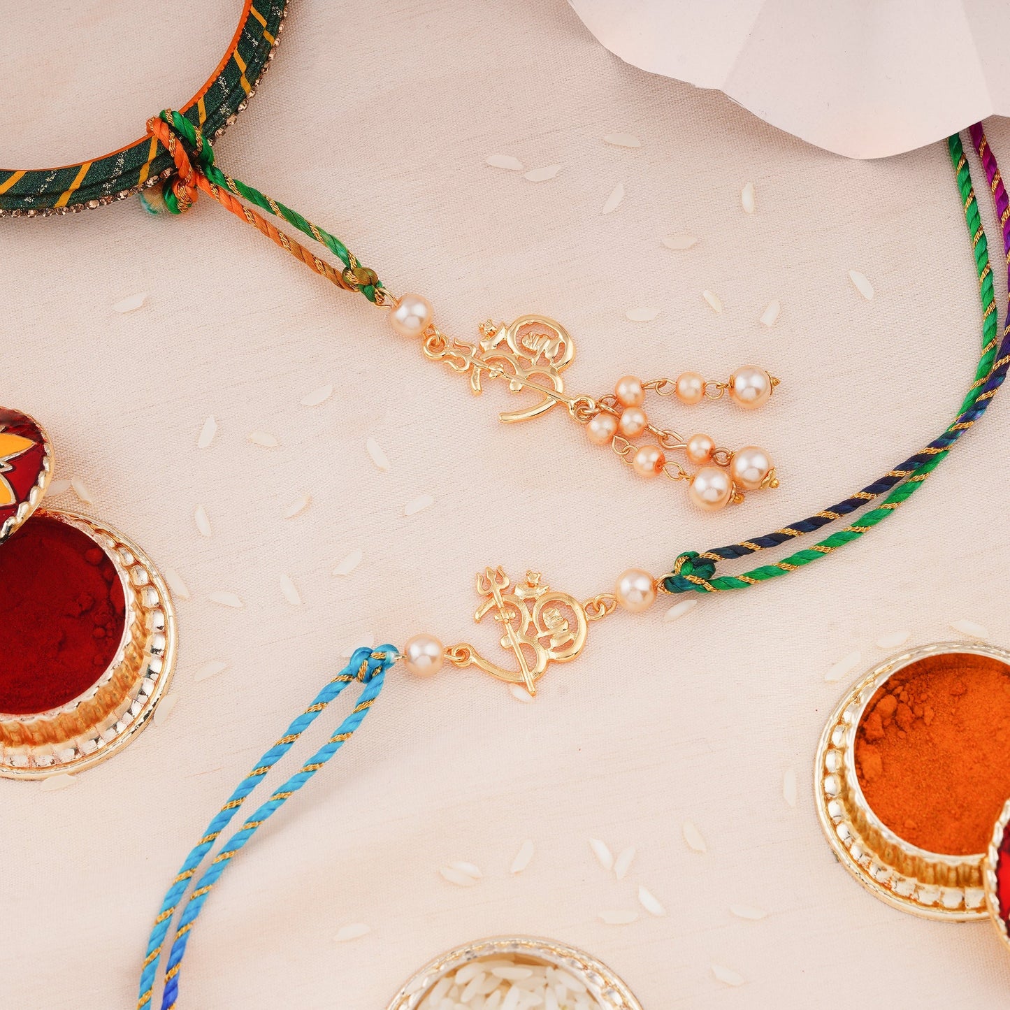 Gold Shivay Om Pearl Bhaiya Bhabhi Rakhi Set