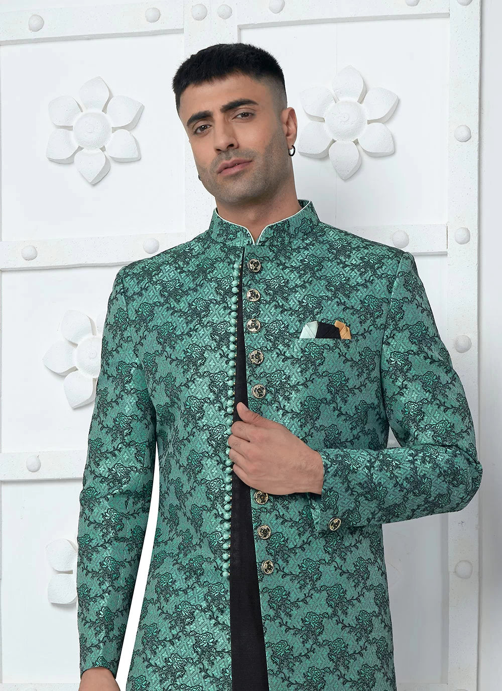 Raivat Ethnic Mens Jacquard Silk Embroidery Indo Western In Teal Green Colour