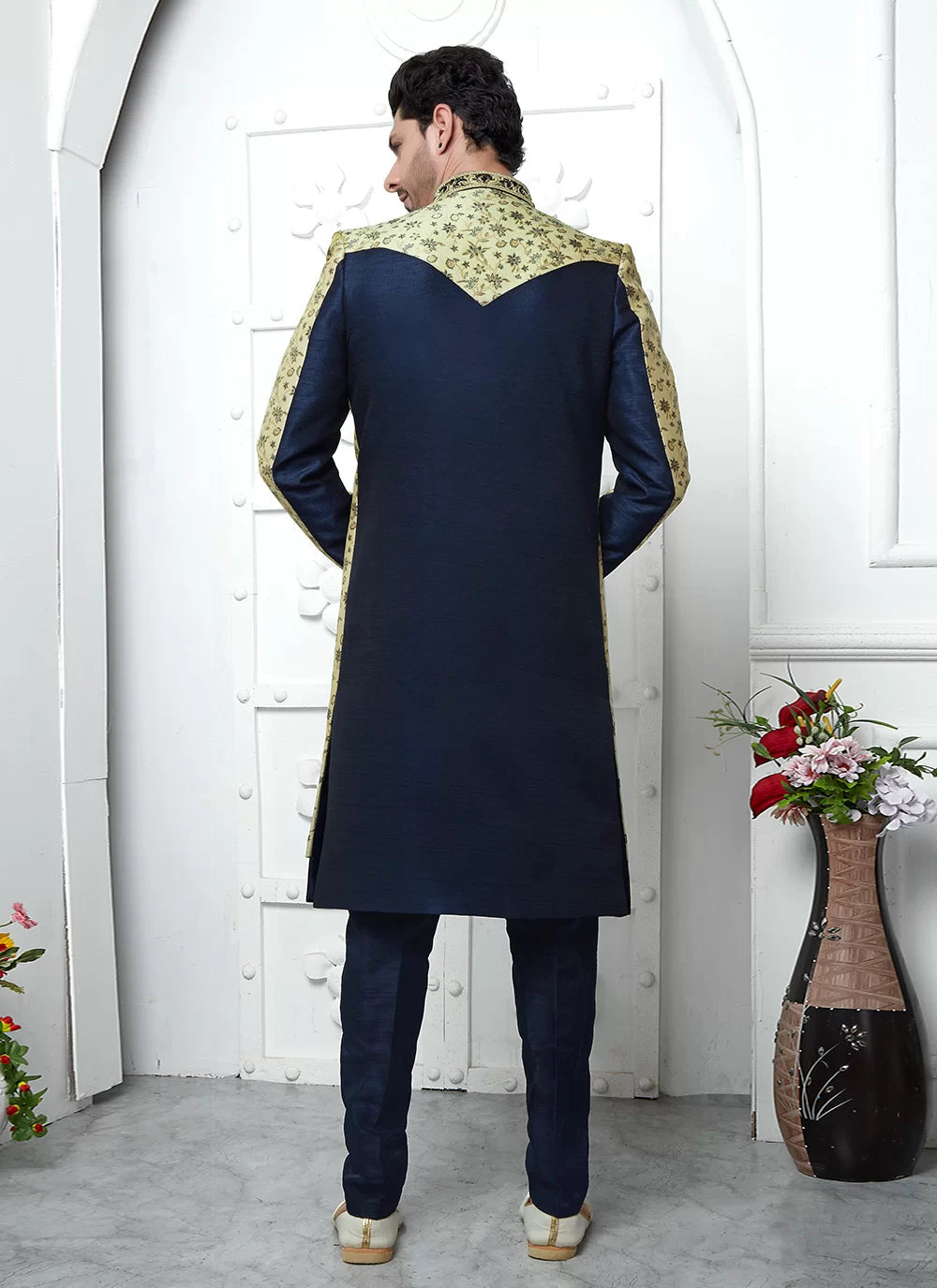 Raivat Ethnic Mens Jacquard Silk Embroidery Indo Western In Beige Blue Colour
