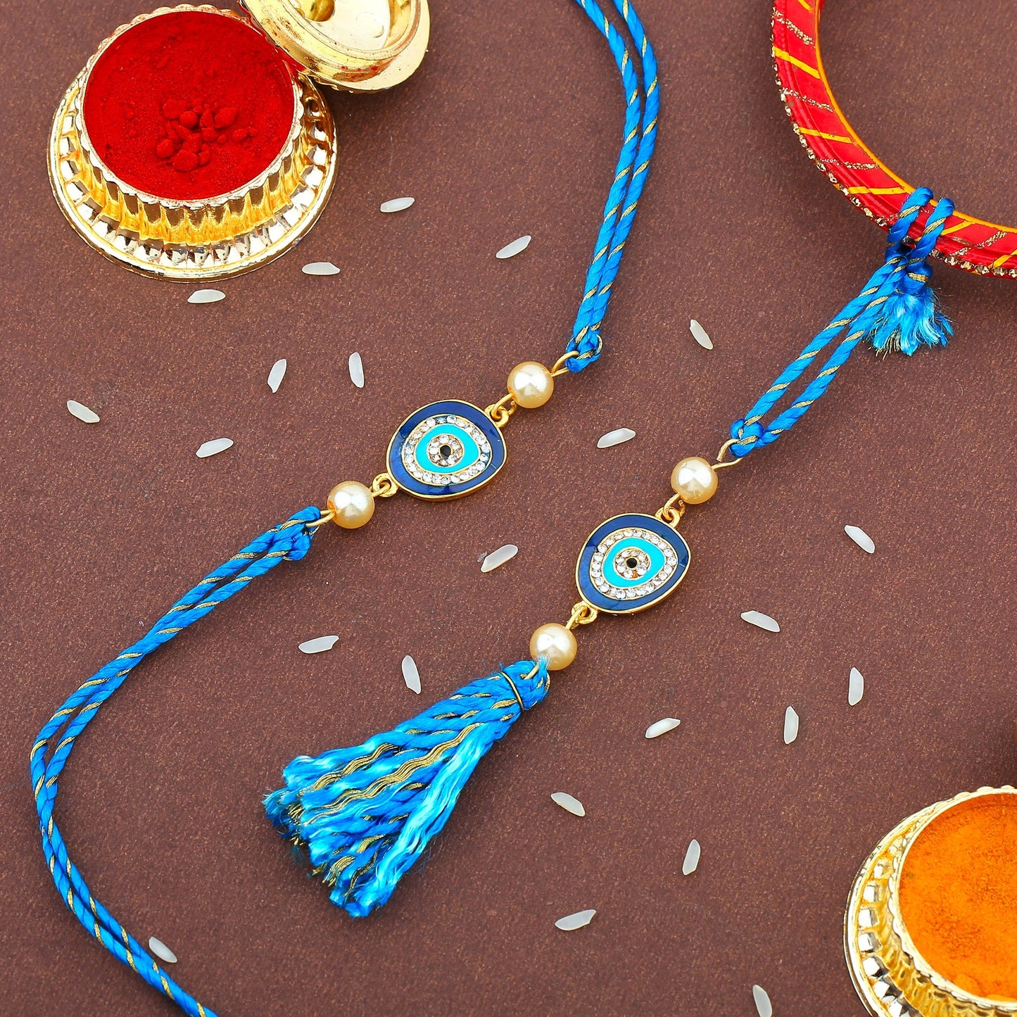Gold Evil Eye Crystal Bhaiya Bhabhi Rakhi Set