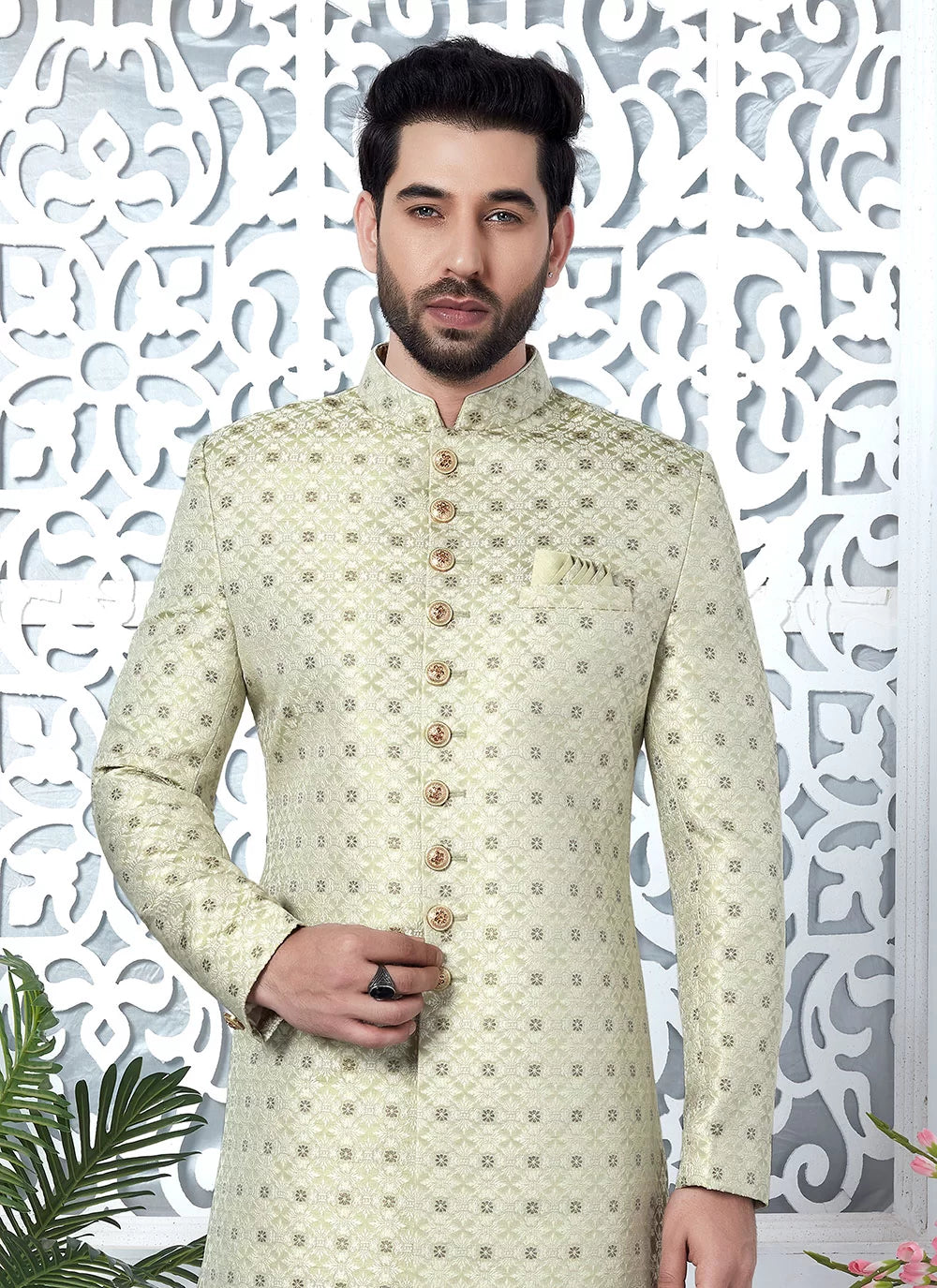 Raivat Ethnic Mens Jacquard Silk Embroidery Indo Western In Pista Green Colour
