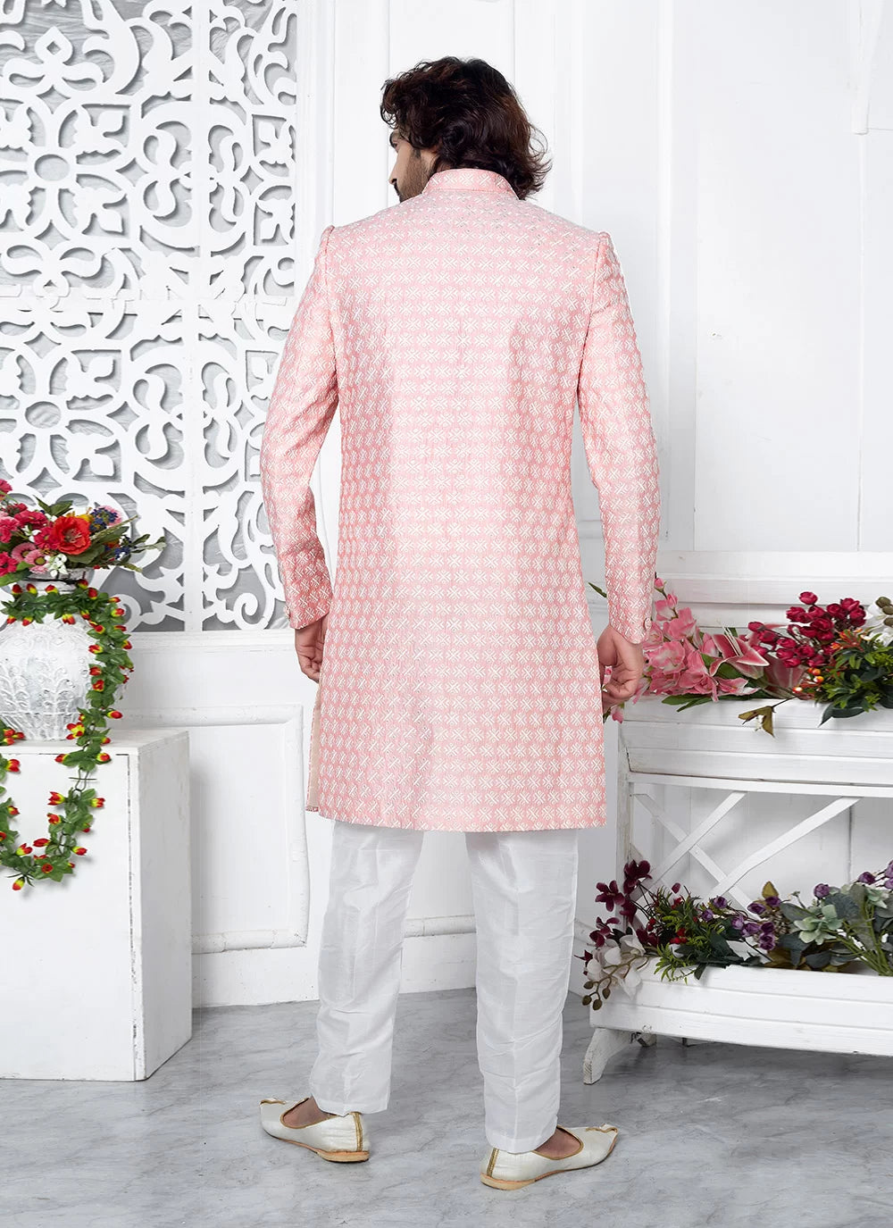 Raivat Ethnic Mens Art Silk Thread Work Indo Western In Pink Colour