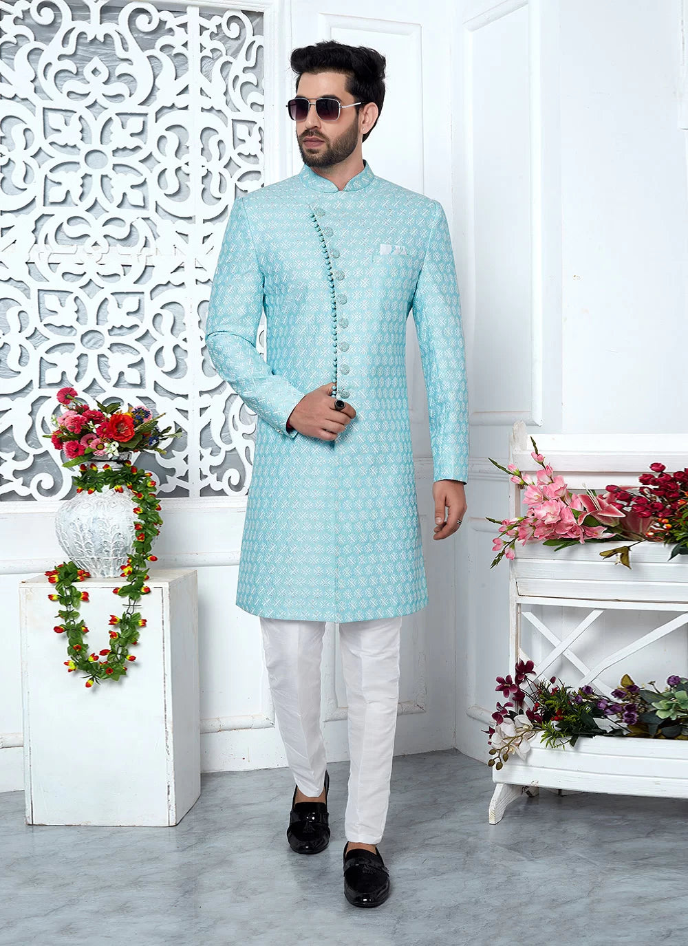 Raivat Ethnic Mens Art Silk Thread Work Indo Western In Blue Colour